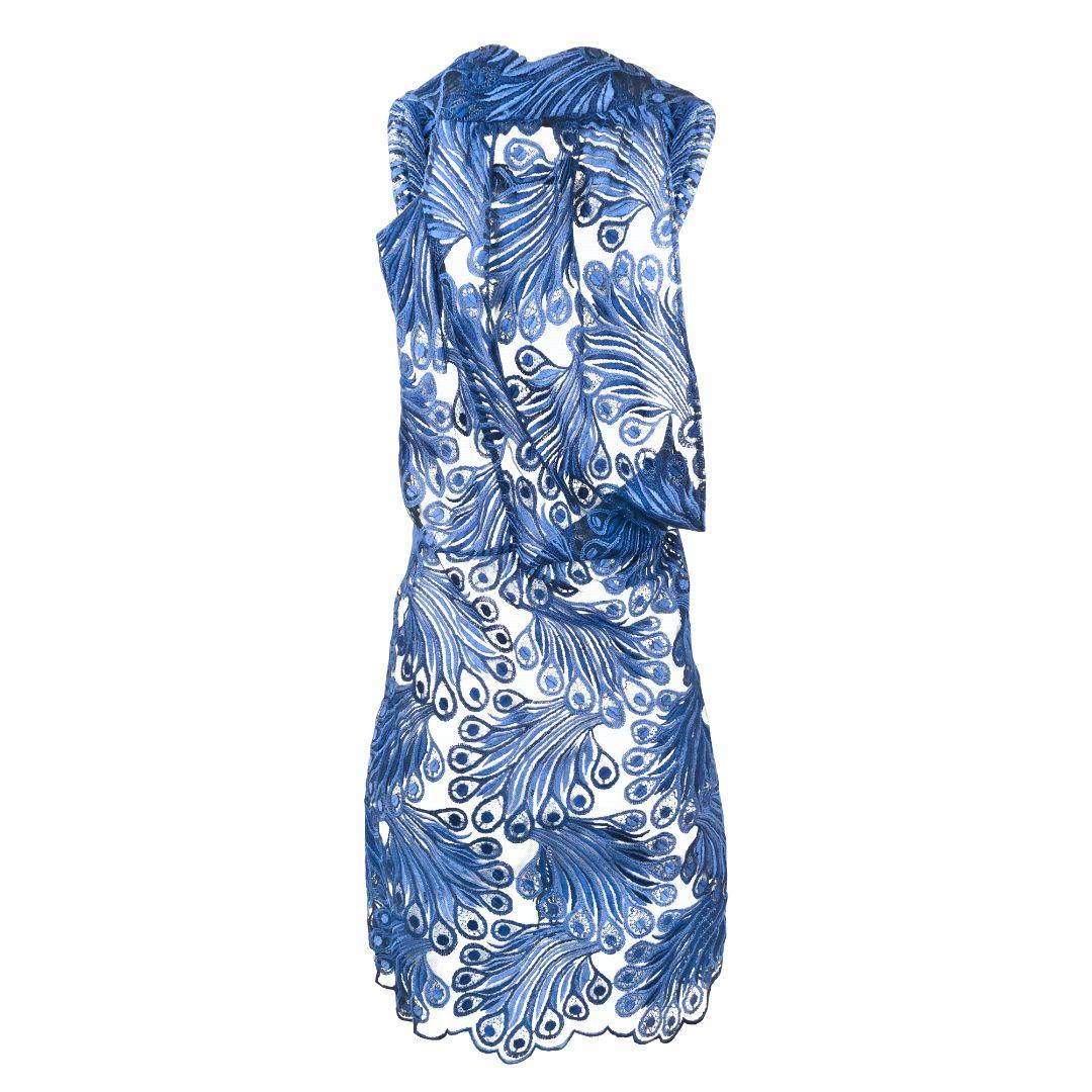 JUNYA WATANABE COMME DES GARÇONS Blue Sheer Lace Peacock Effect Asymmetric Dress In Good Condition For Sale In Morongo Valley, CA