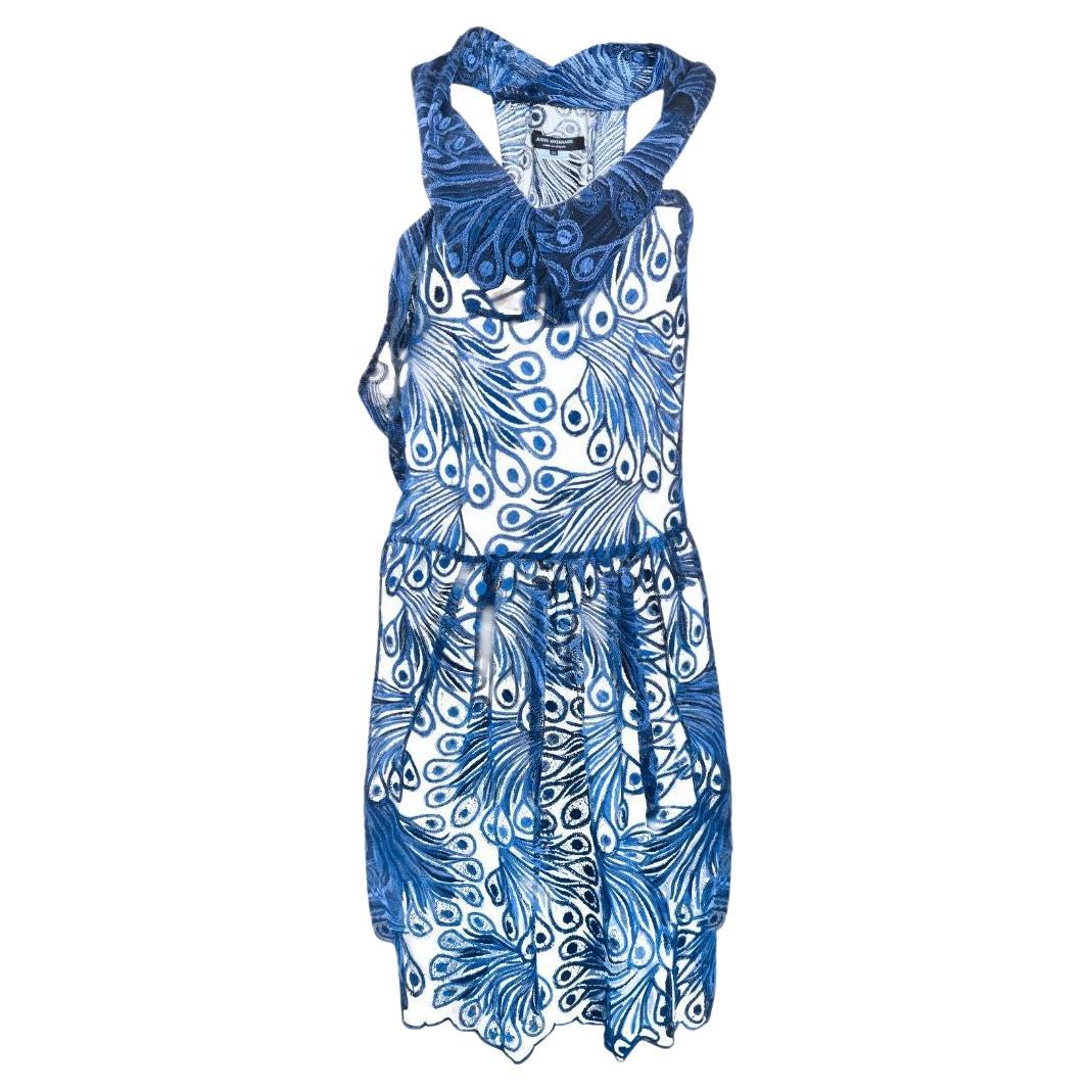 JUNYA WATANABE COMME DES GARÇONS Blue Sheer Lace Peacock Effect Asymmetric Dress For Sale