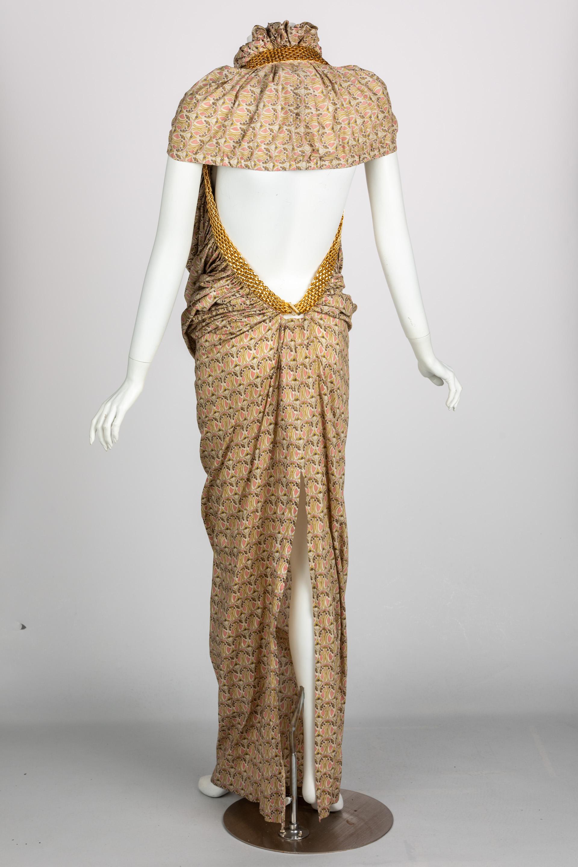 Junya Watanabe Comme des Garcons Floral Gold Chain Cut Out Back Dress, 2008 In Excellent Condition For Sale In Boca Raton, FL
