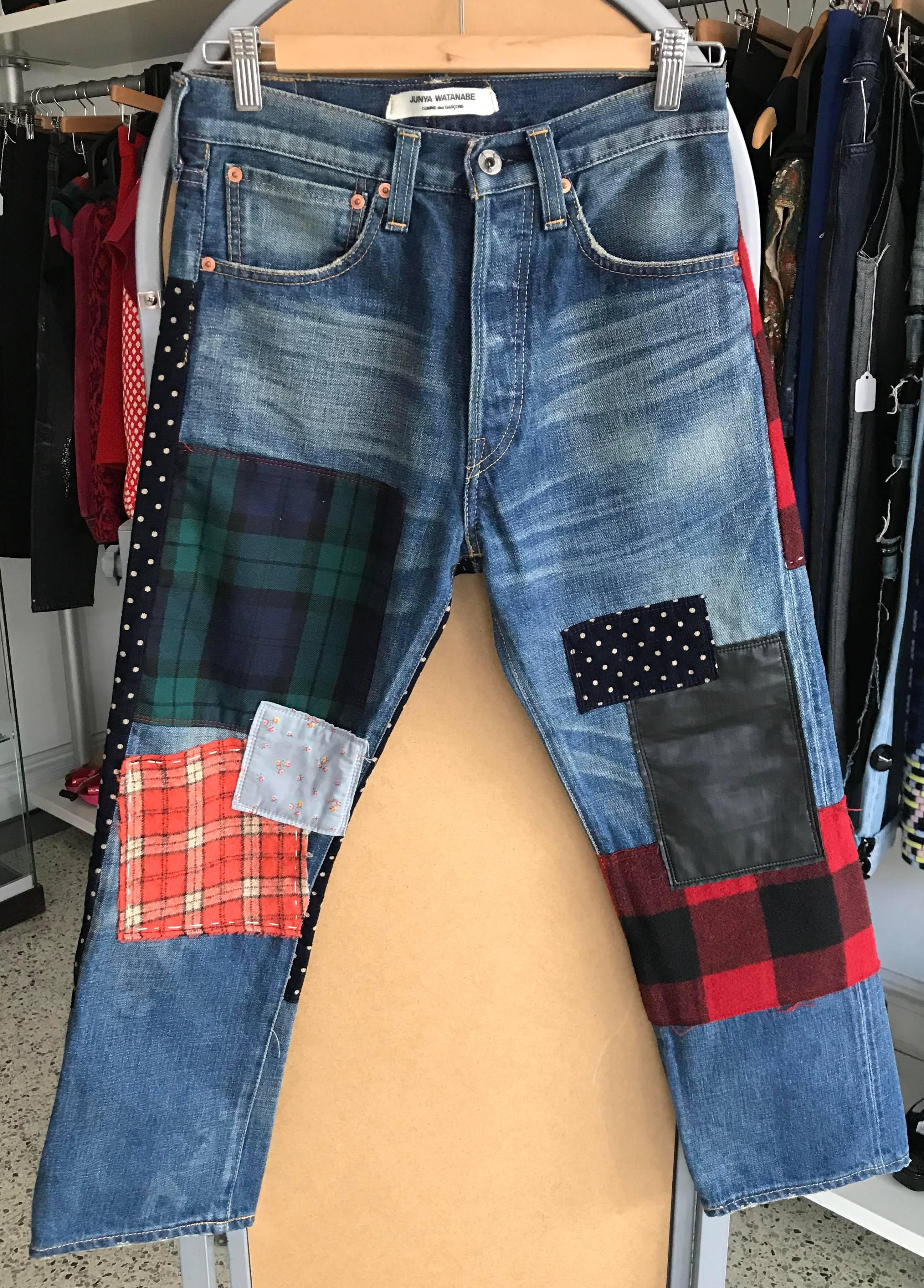 Junya Watanabe Comme Des Garcons multicolor Patchwork Denim Jeans.  Tagged size XS (Best for USA 0/2 or jeans size 24/25). Garment to fit up to 33