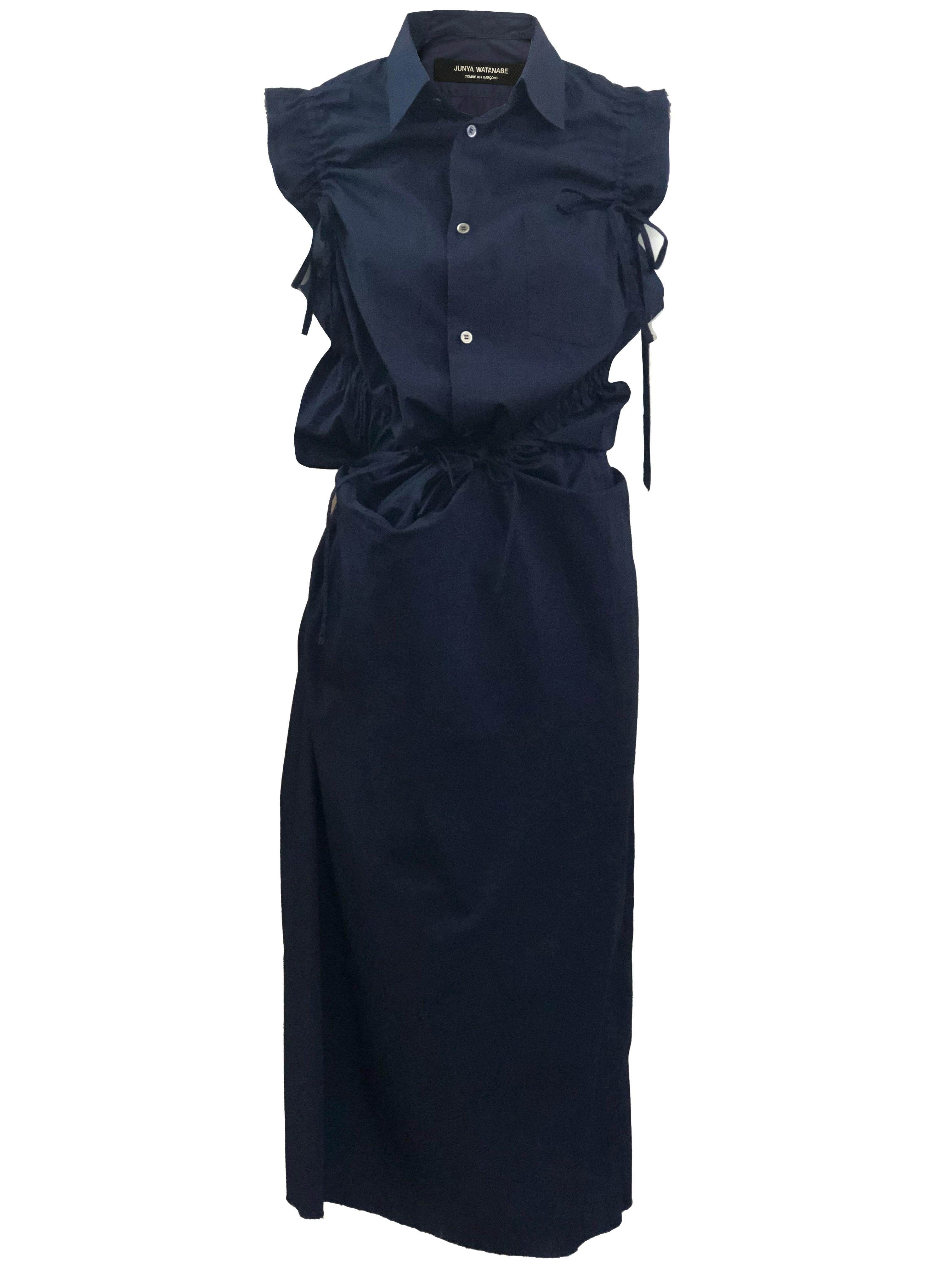 Junya Watanabe Comme des Garcons Navy Blue Cotton Button Up Dress, 2002 For Sale
