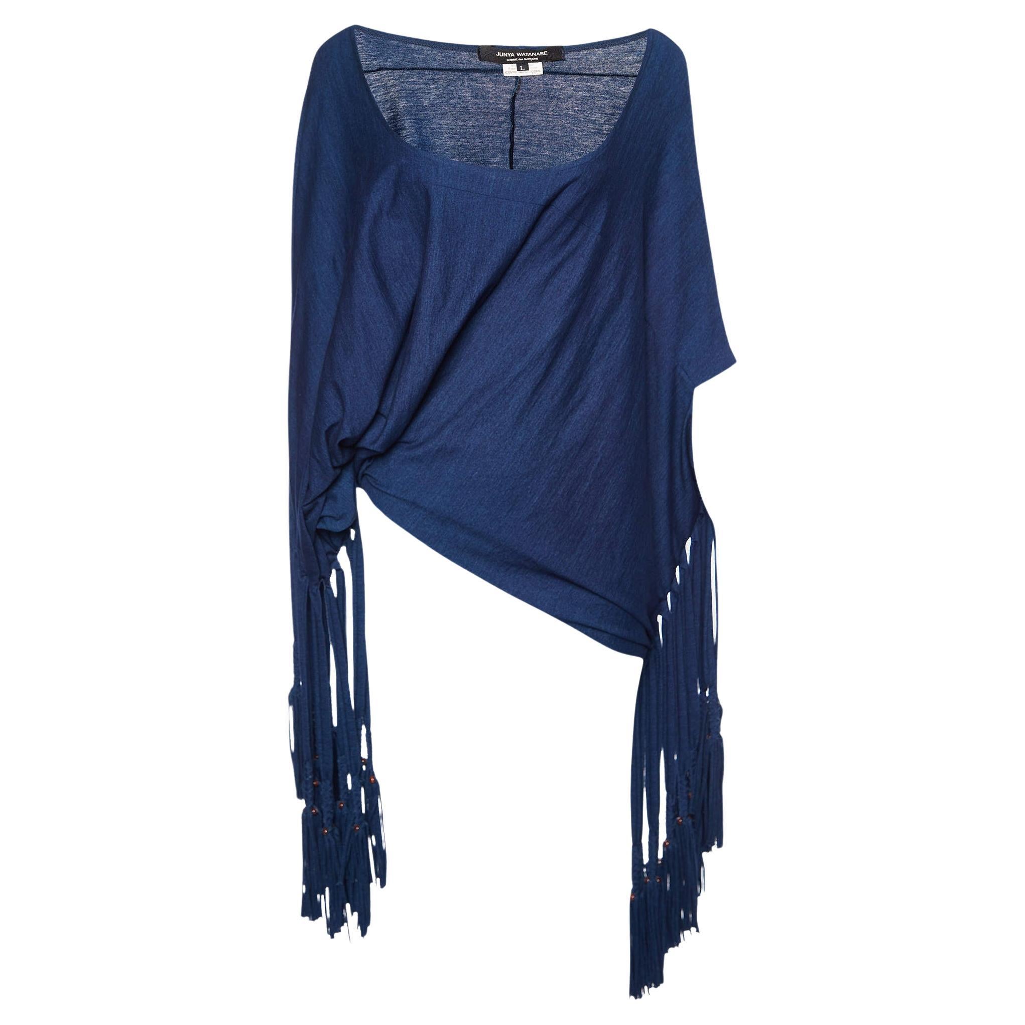 Junya Watanabe Comme des Garcons Top in maglia di cotone blu navy con frange L.L.A.