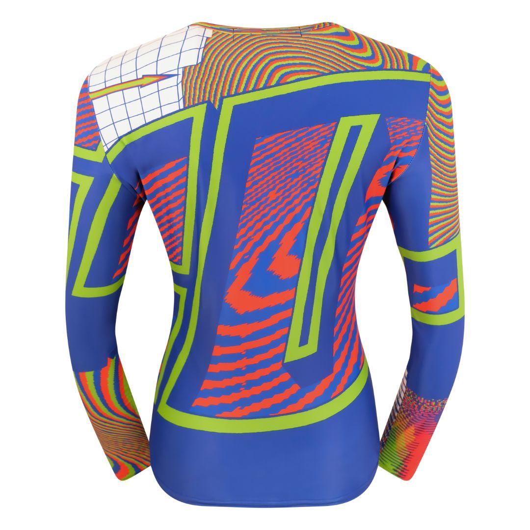 Junya Watanabe Comme des Garçons colorful and bright neon geometric print long sleeve top as featured in the Spring/Summer 2020 runway collection.

Form fitting silhouette with a look and feel similar to a rash guard.

Abstract geometric print in
