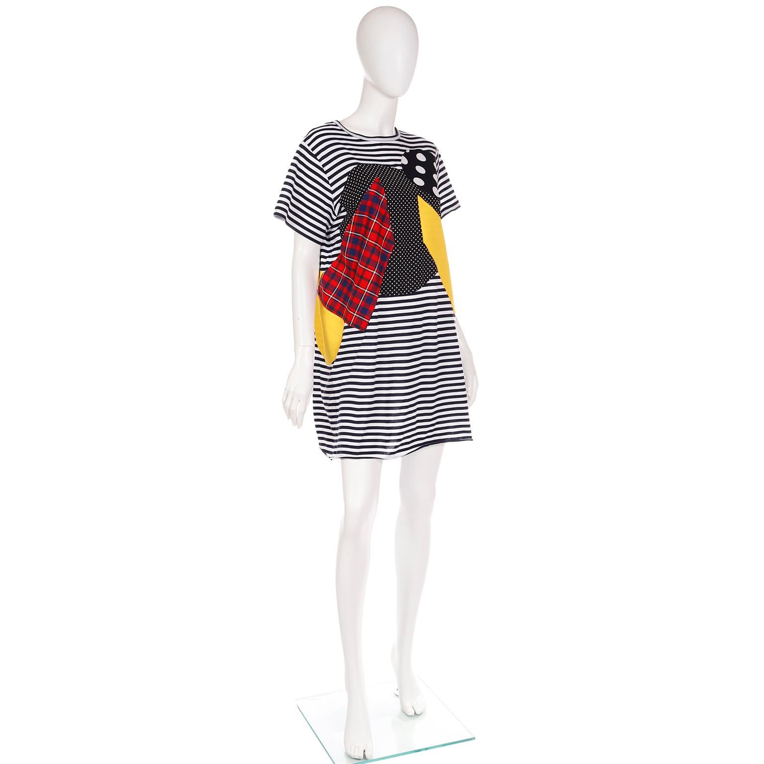 Junya Watanabe Comme des Garcons Striped Patchwork Print Cotton T Shirt Dress In Excellent Condition For Sale In Portland, OR