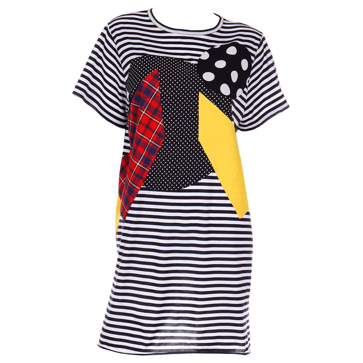 Junya Watanabe Comme des Garcons Striped Patchwork Print Cotton T Shirt Dress For Sale