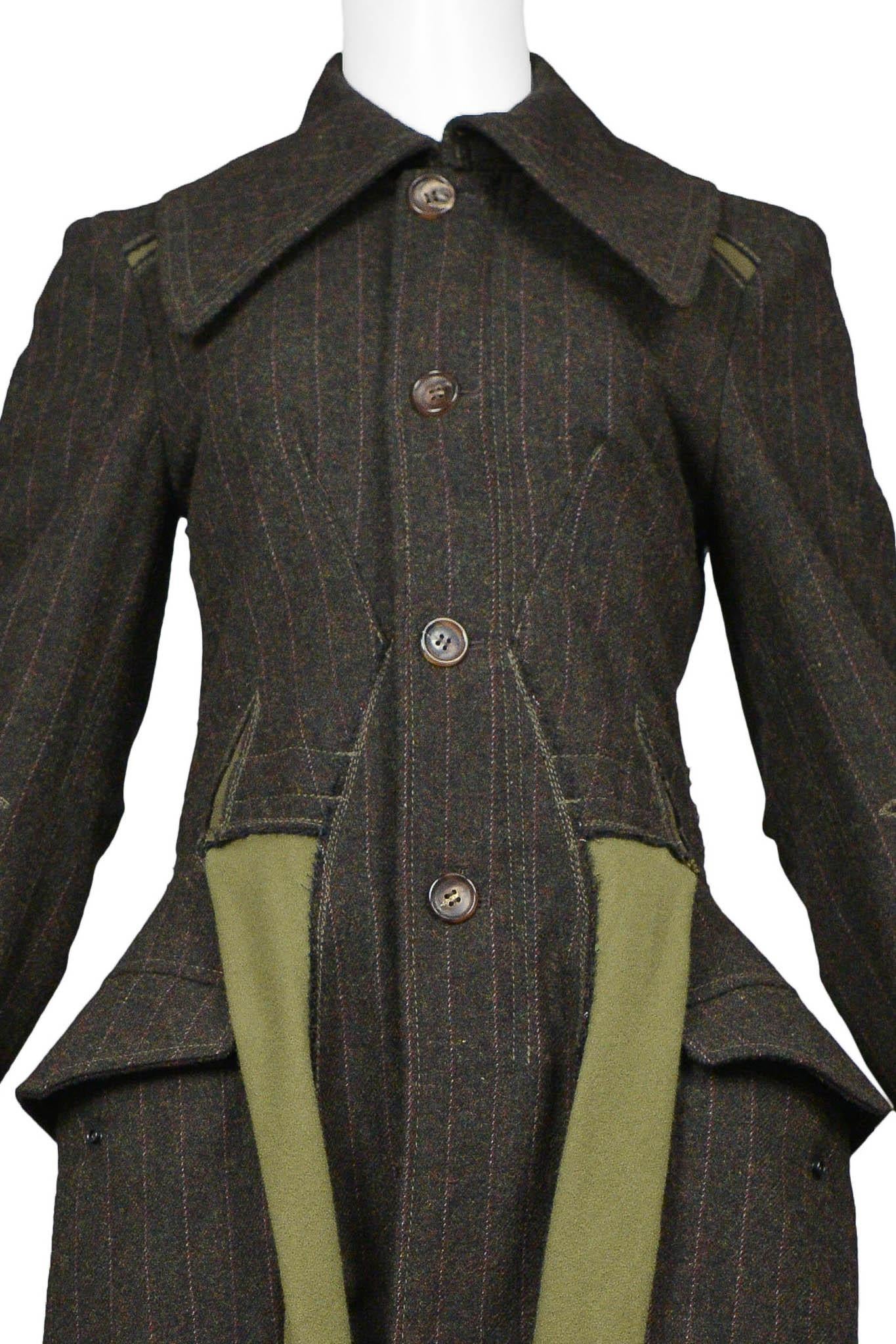 Junya Watanabe Dark Green Wool Pin Stripe Coat With Cargo Insets In Excellent Condition For Sale In Los Angeles, CA