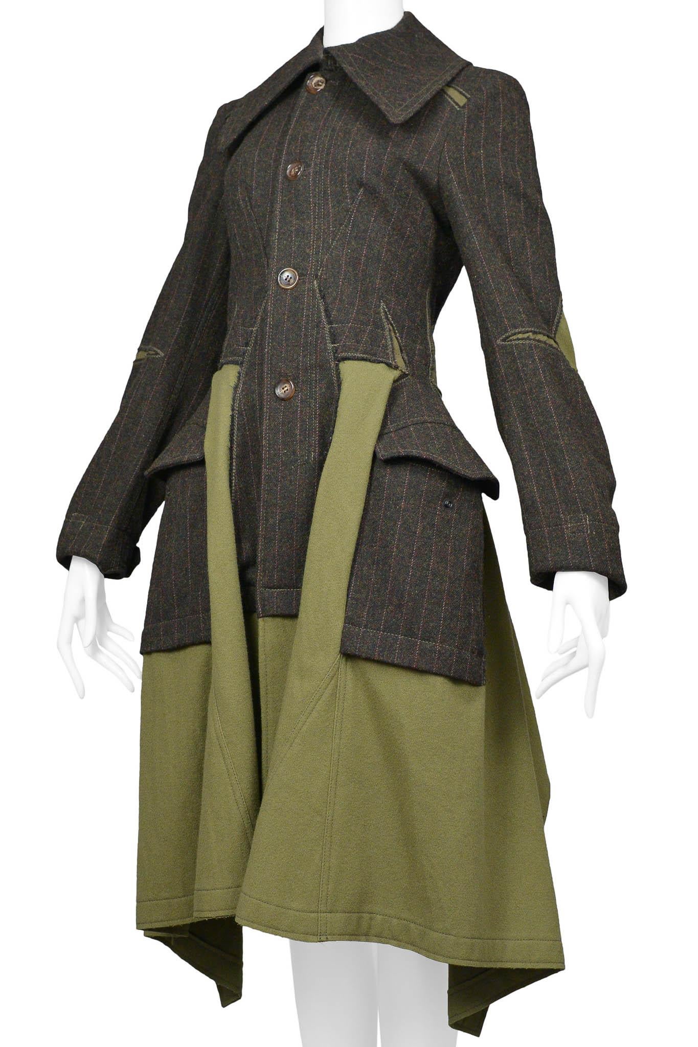 Women's Junya Watanabe Dark Green Wool Pin Stripe Coat With Cargo Insets For Sale