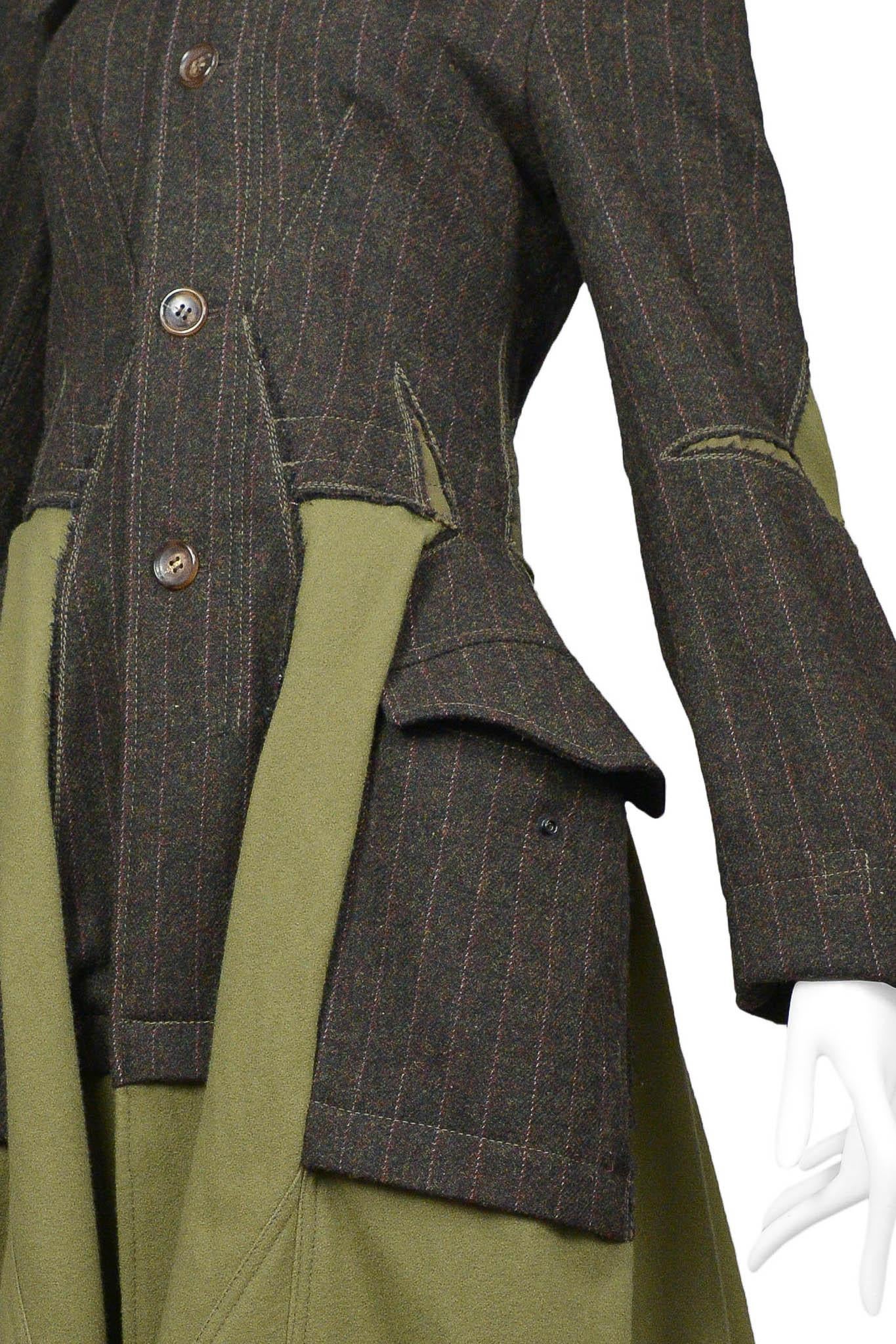 Junya Watanabe Dark Green Wool Pin Stripe Coat With Cargo Insets For Sale 1
