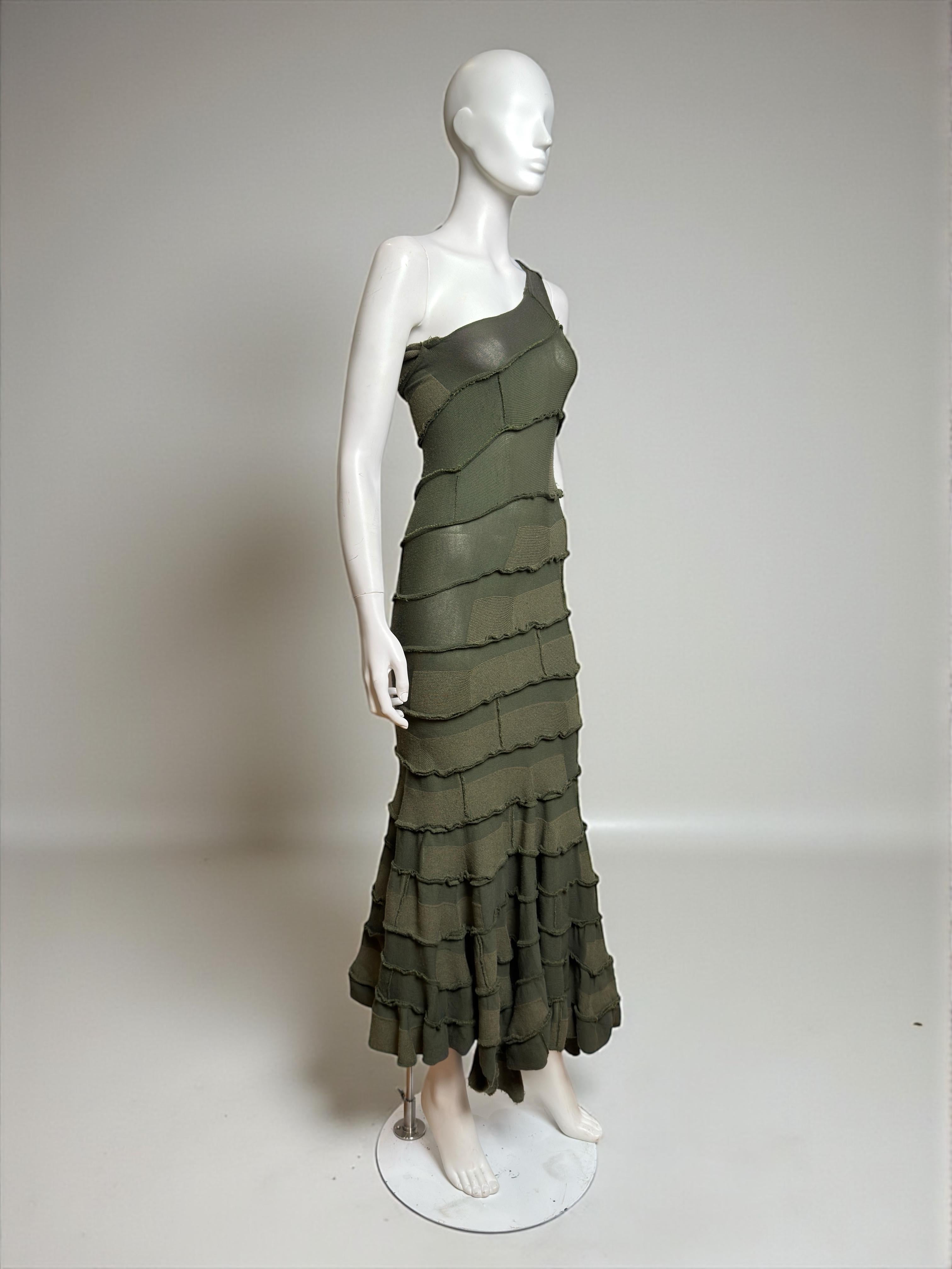 Noir Junya Watanabe F/W 2006 Olive Tiered Military Khaki One-Shoulder Maxi Dress en vente