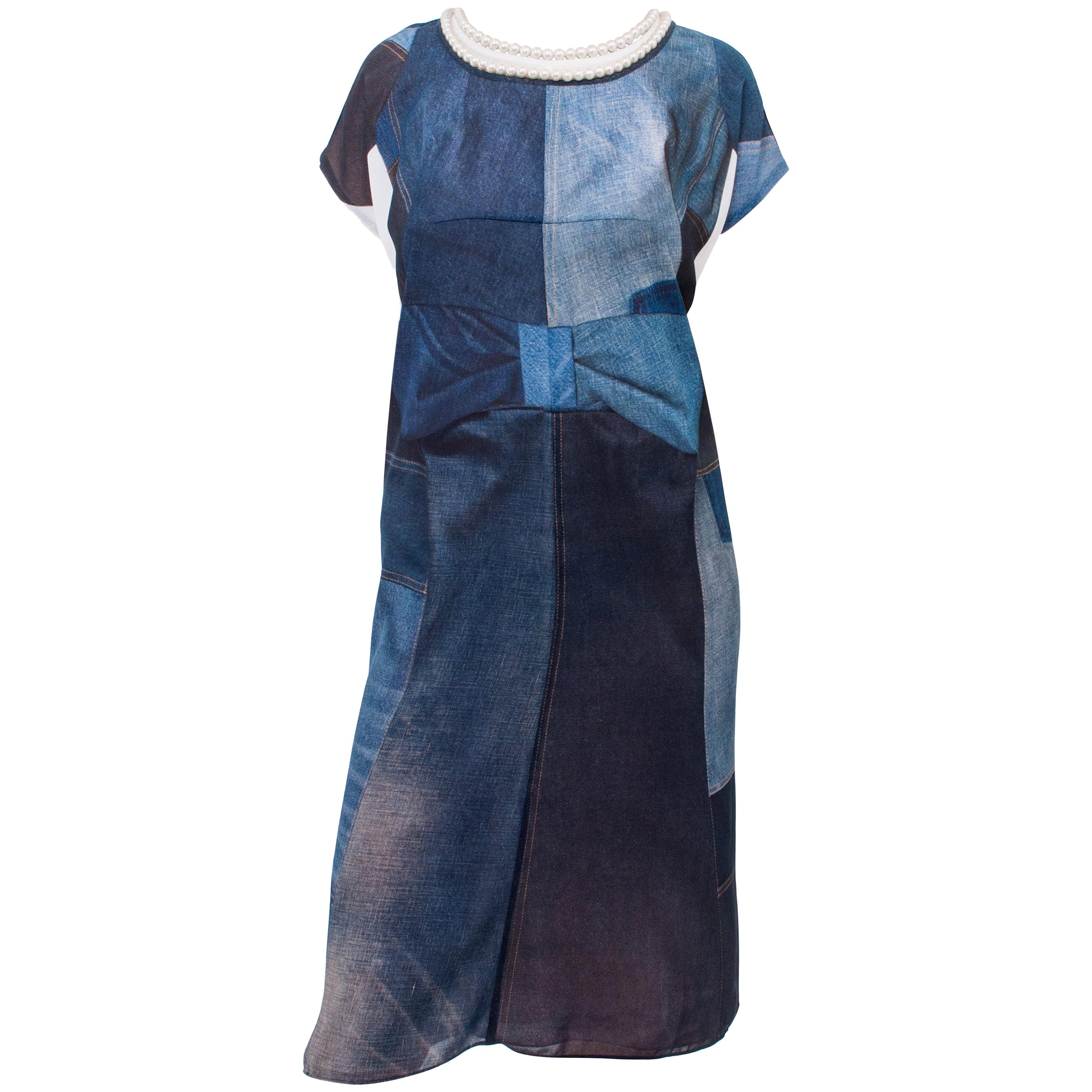 Junya Watanabe Jeans Comme des Garcons Blue Denim Patchwork Dress with Pearls For Sale