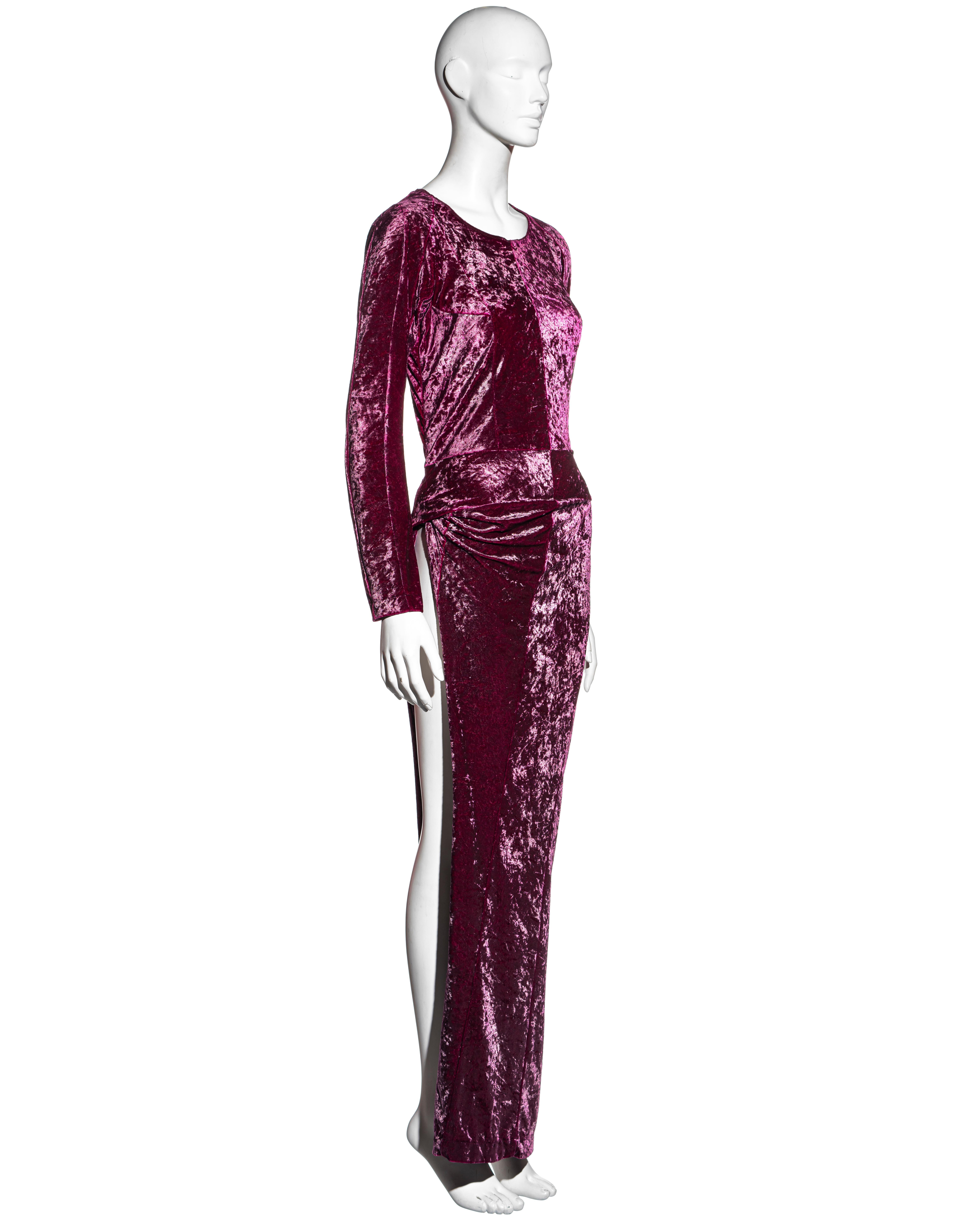 ▪ Junya Watanabe magenta crushed velvet maxi dress
▪ Scoop neck 
▪ Concealed zipper at side seam 
▪ One leg hole at the side of the skirt causing a high leg slit when worn
▪ Can also be worn with pants as styled on the runway or worn with the leg