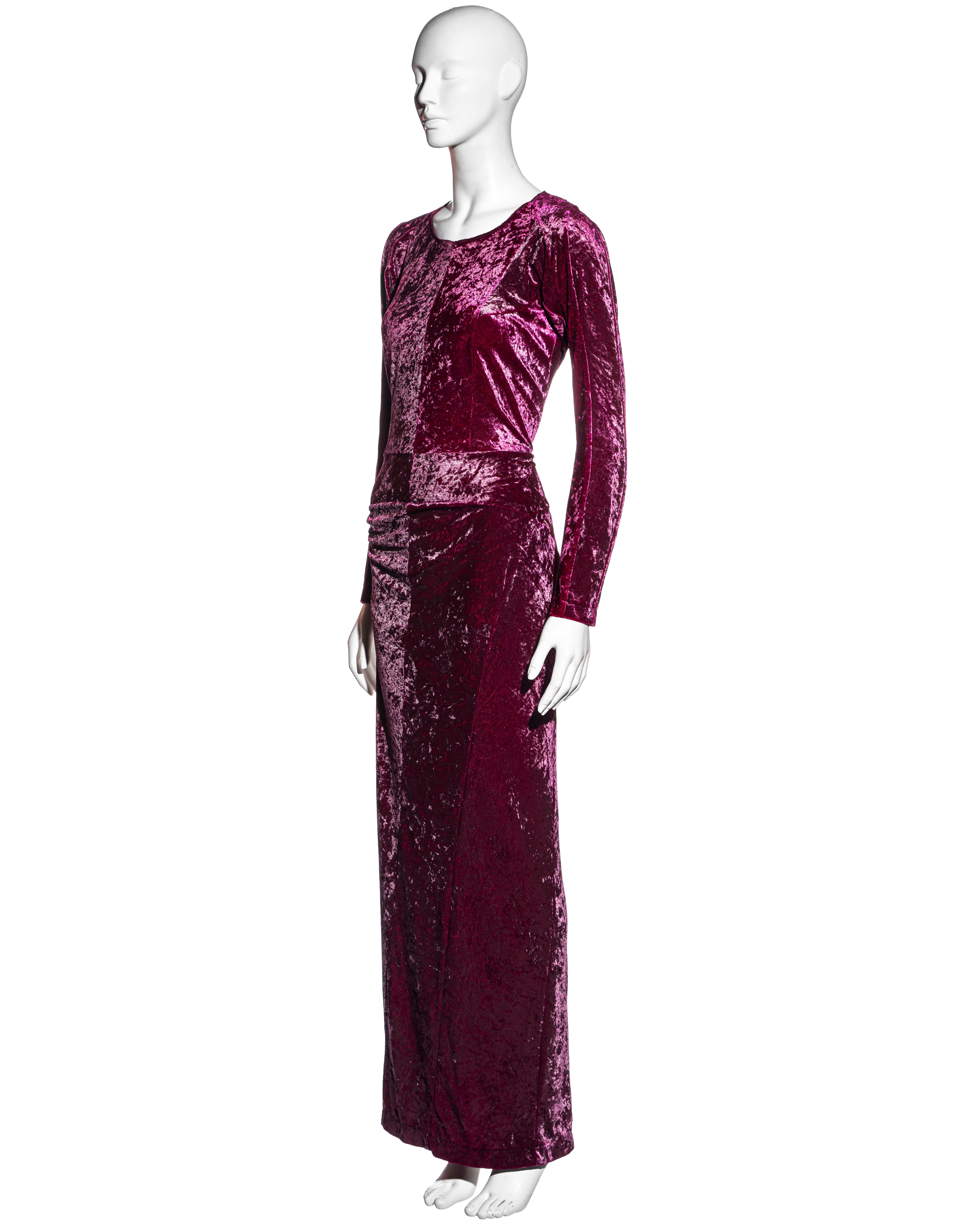 Junya Watanabe magenta crushed velvet one leg maxi dress, fw 1997 In Excellent Condition In London, GB
