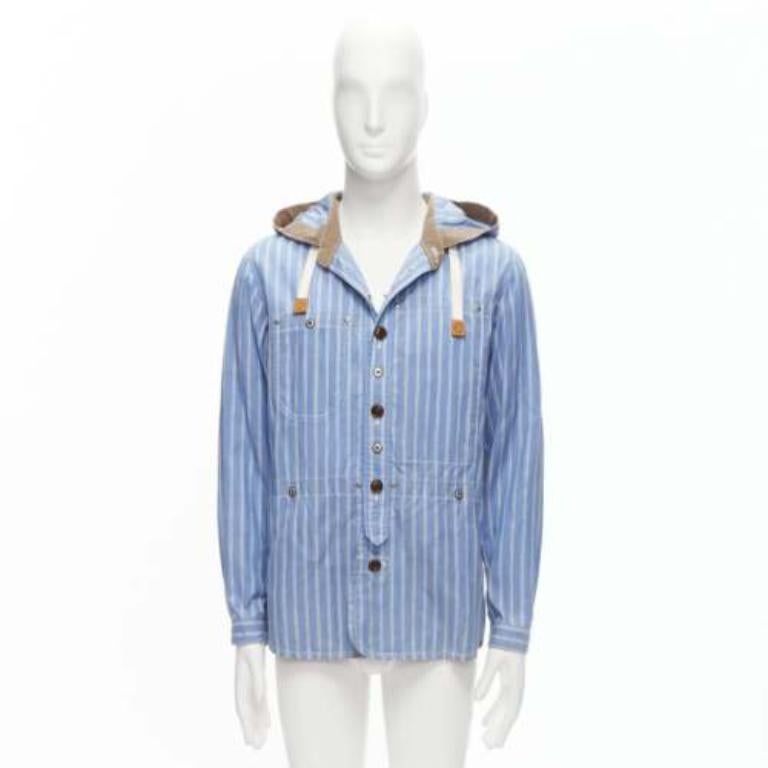 JUNYA WATANABE MAN 2013 blue brown cotton linen striped deconstructed parka M For Sale 5