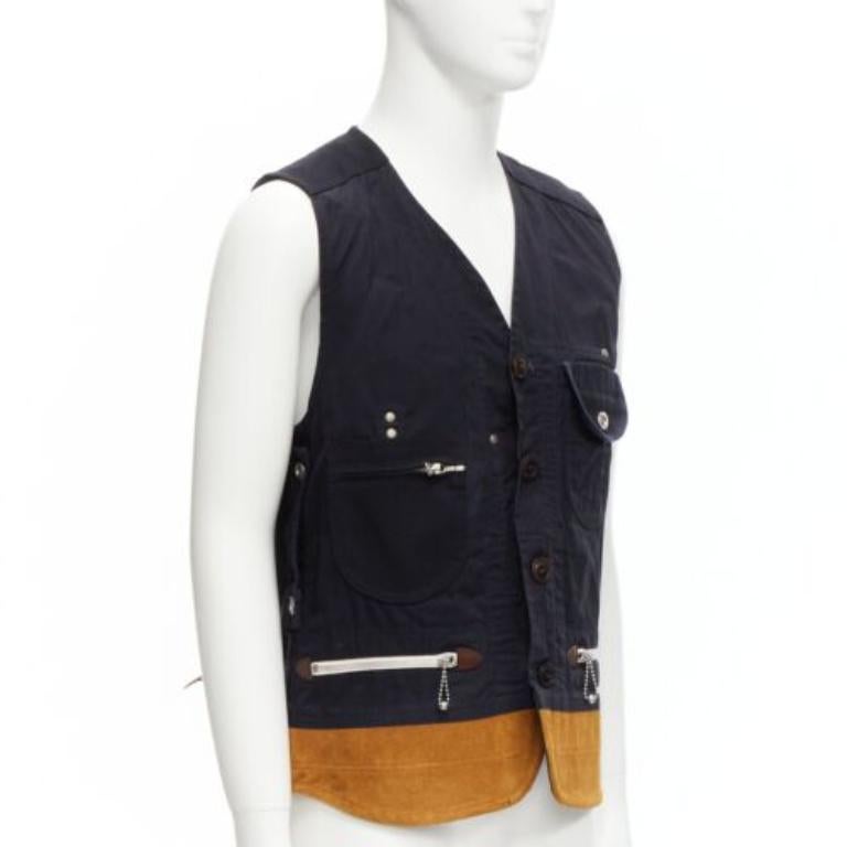 JUNYA WATANABE MAN HERVIER 2013 Reversible navy brown suede fisherman vest M In Fair Condition For Sale In Hong Kong, NT