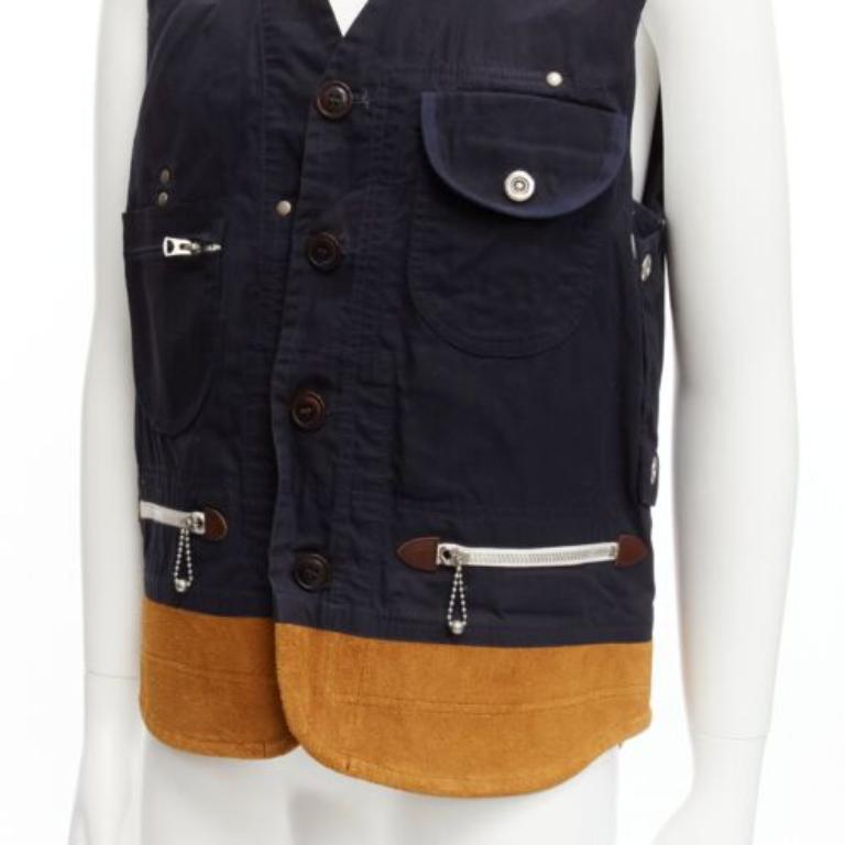 JUNYA WATANABE MAN HERVIER 2013 Reversible navy brown suede fisherman vest M For Sale 3
