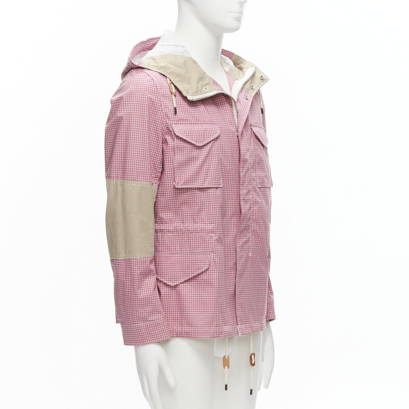 JUNYA WATANABE MAN red checked beige panel hooded pocketed anorak jacket S In Excellent Condition For Sale In Hong Kong, NT