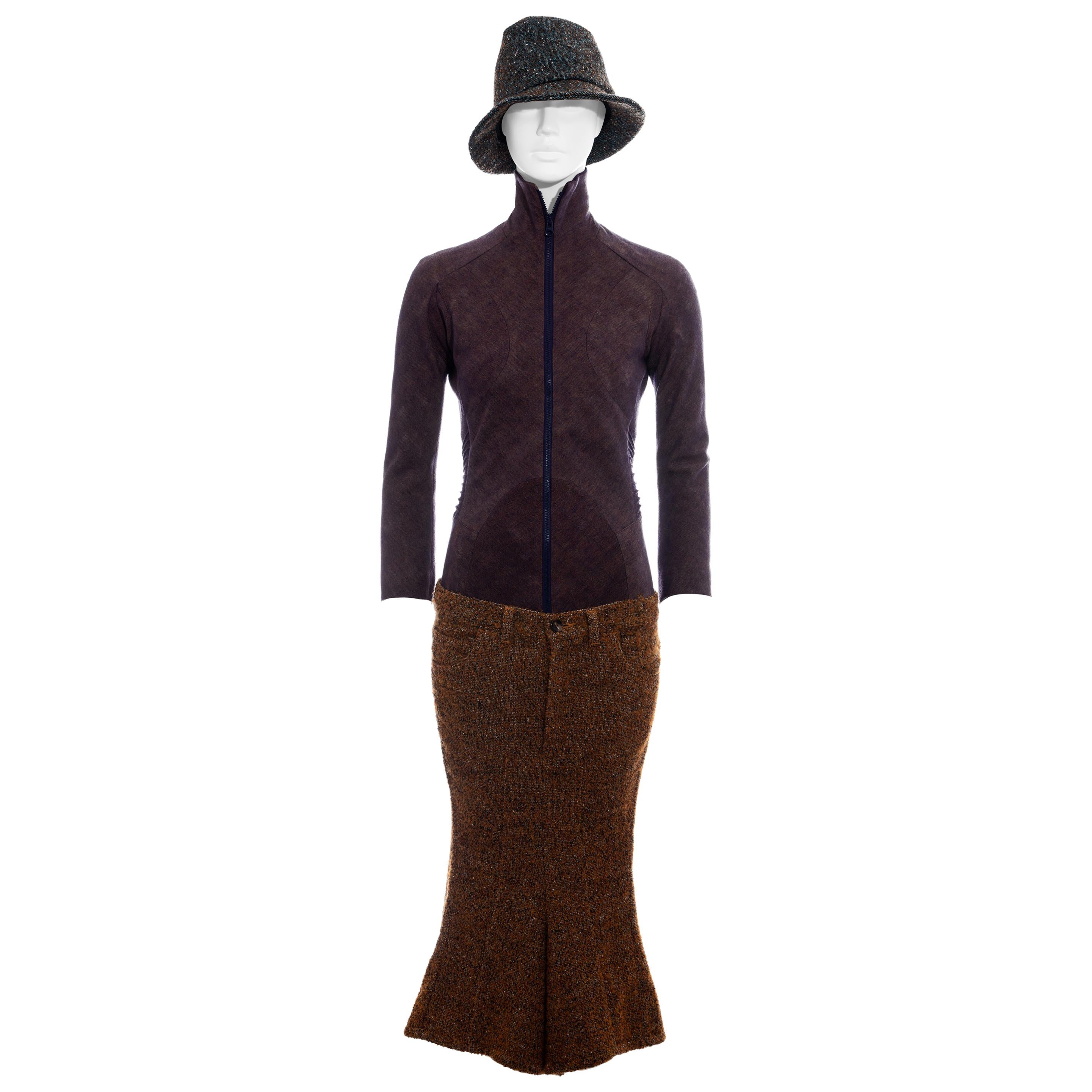 Junya Watanabe multicoloured wool tweed pant suit and hat, fw 2004