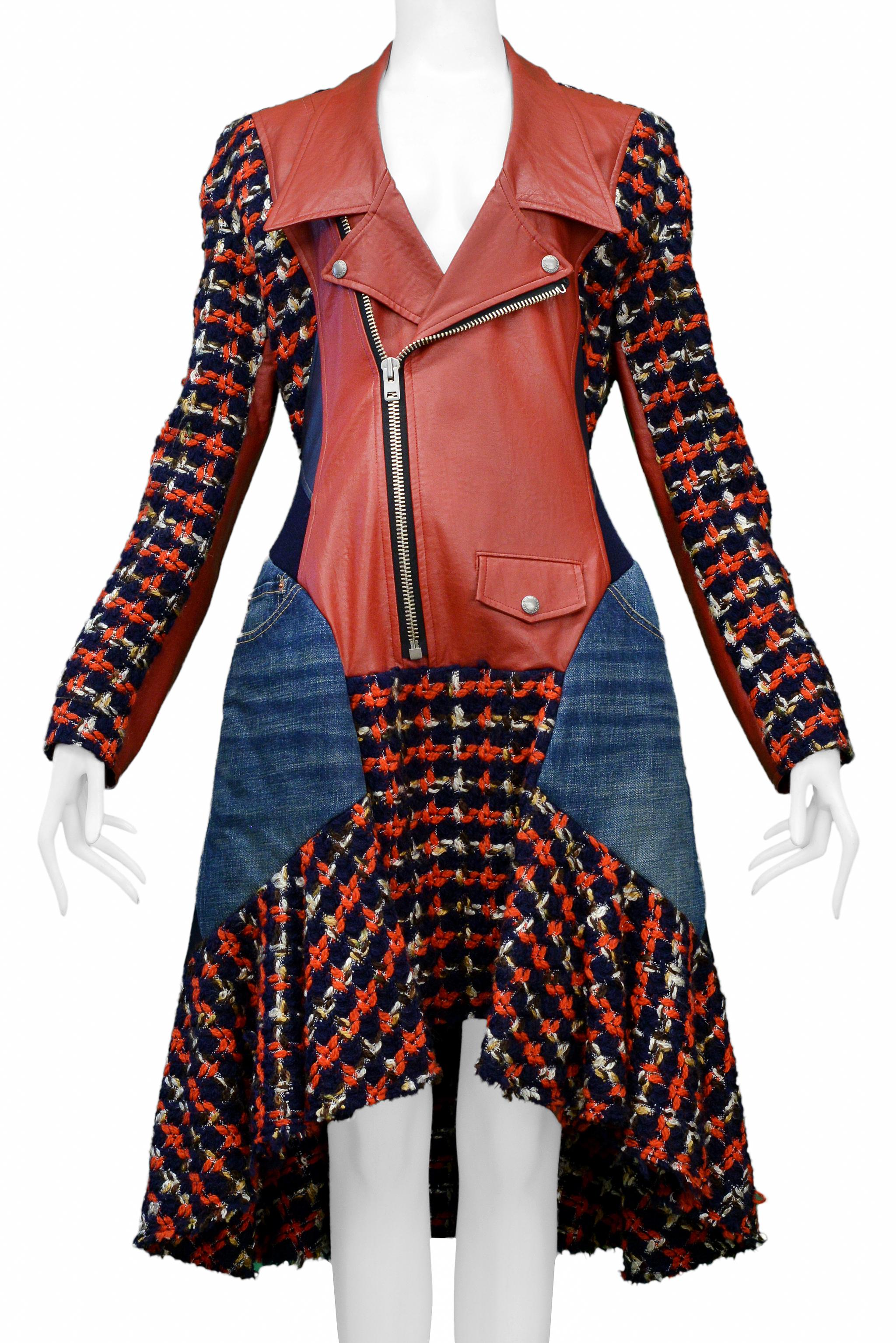 Junya Watanabe Rote Leder-Moto-Jacke aus Leder mit Denim- und Boucle-Einsätzen 2013 im Zustand „Hervorragend“ im Angebot in Los Angeles, CA