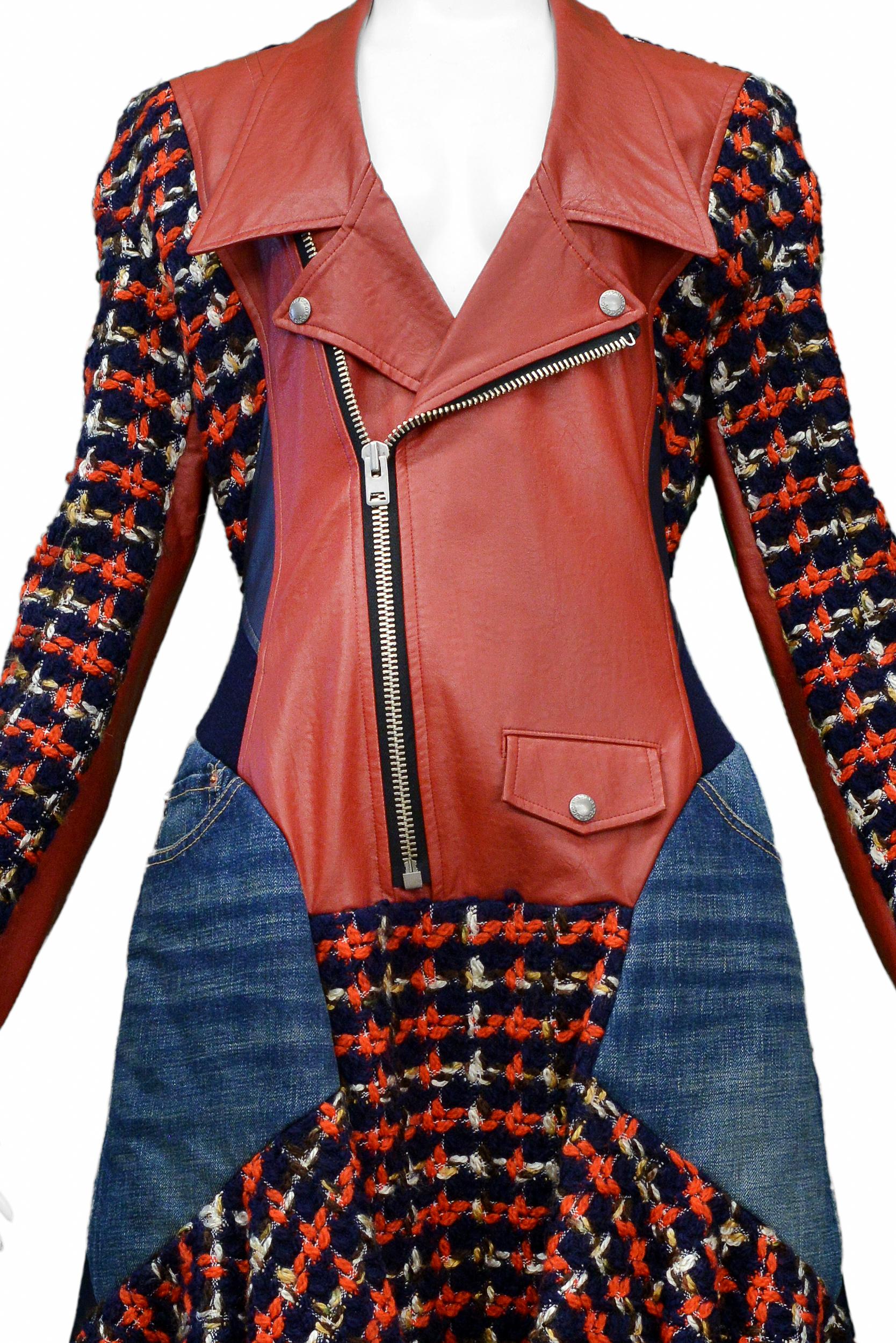 Junya Watanabe Red Leather Moto Jacket With Denim & Boucle Insets 2013 In Excellent Condition For Sale In Los Angeles, CA