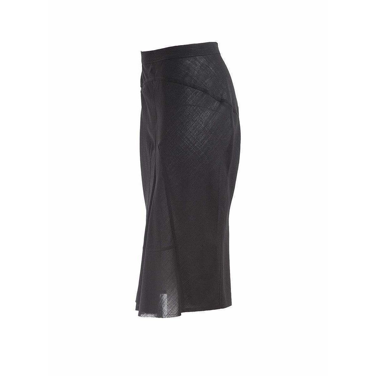 Asymmetrical black silk georgette midi skirt with tonal seams and an elastic waistband from Junya Watanabe. 