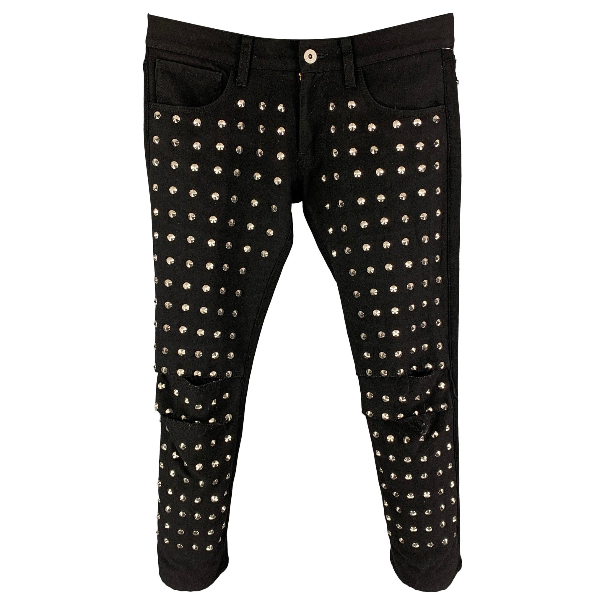 Junya Watanabe taglia 6 Jeans neri con borchie e ritagli, in argento