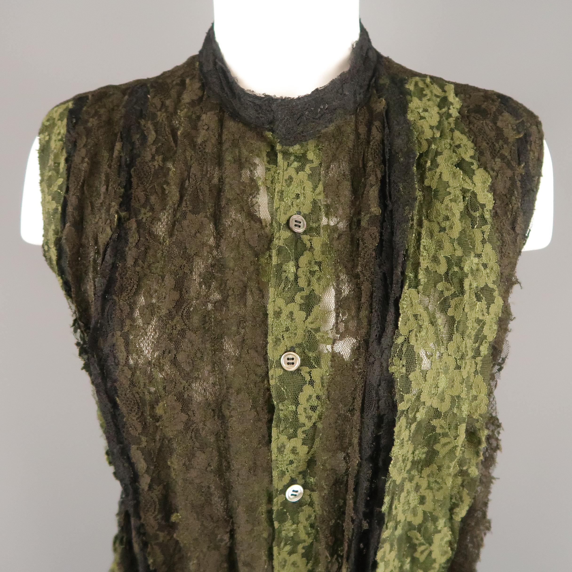 JUNYA WATANABE sleeveless blouse from the iconic Fall Winter 2004 punk collection features panels of black, brown and olive green lace ruffles at the front, a black lace band collar, and deep olive green lace back. Size and care tags removed. As-is.