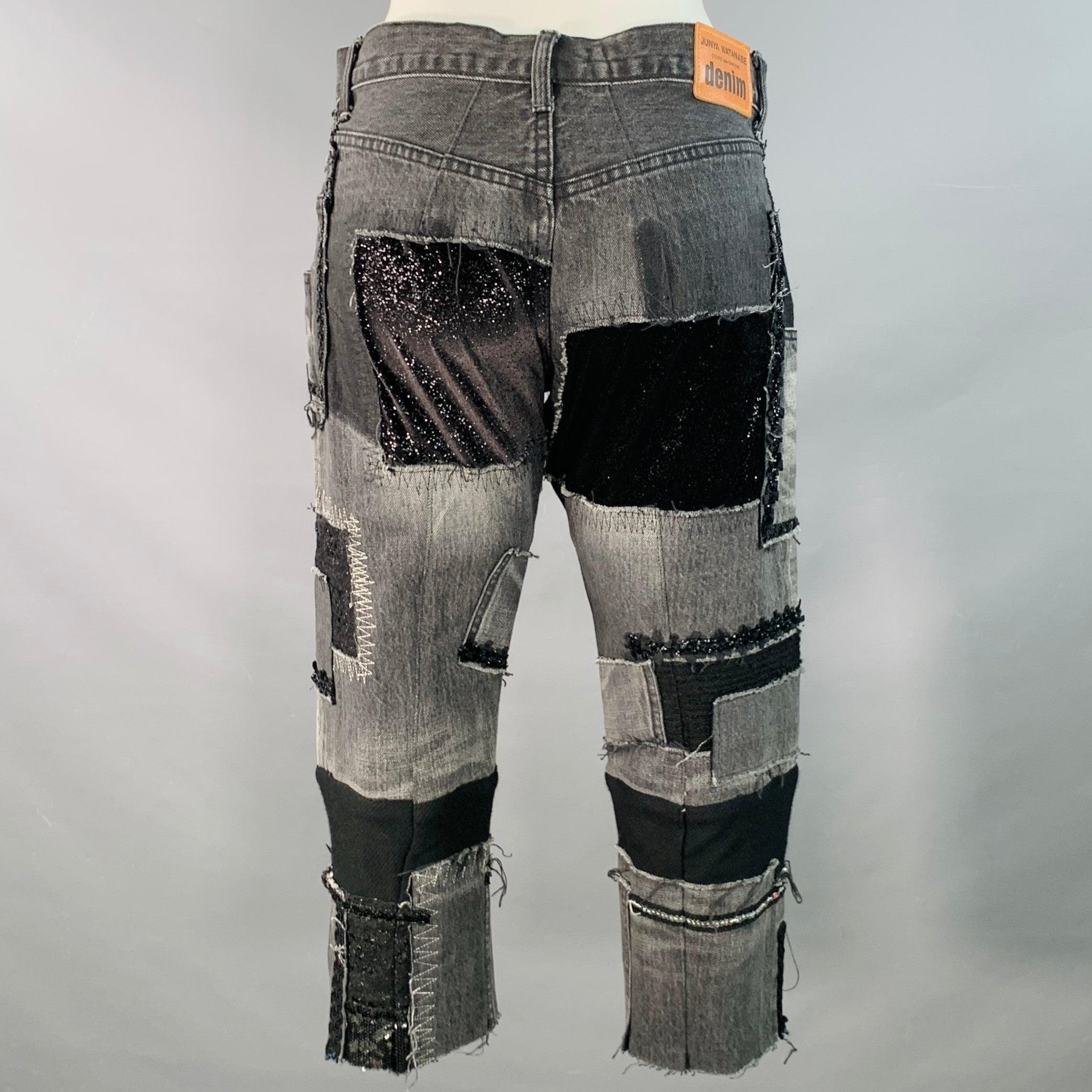 JUNYA WATANABE Talla M Negros Grises Vaqueros Patchwork Distressed en Excelente estado para la venta en San Francisco, CA