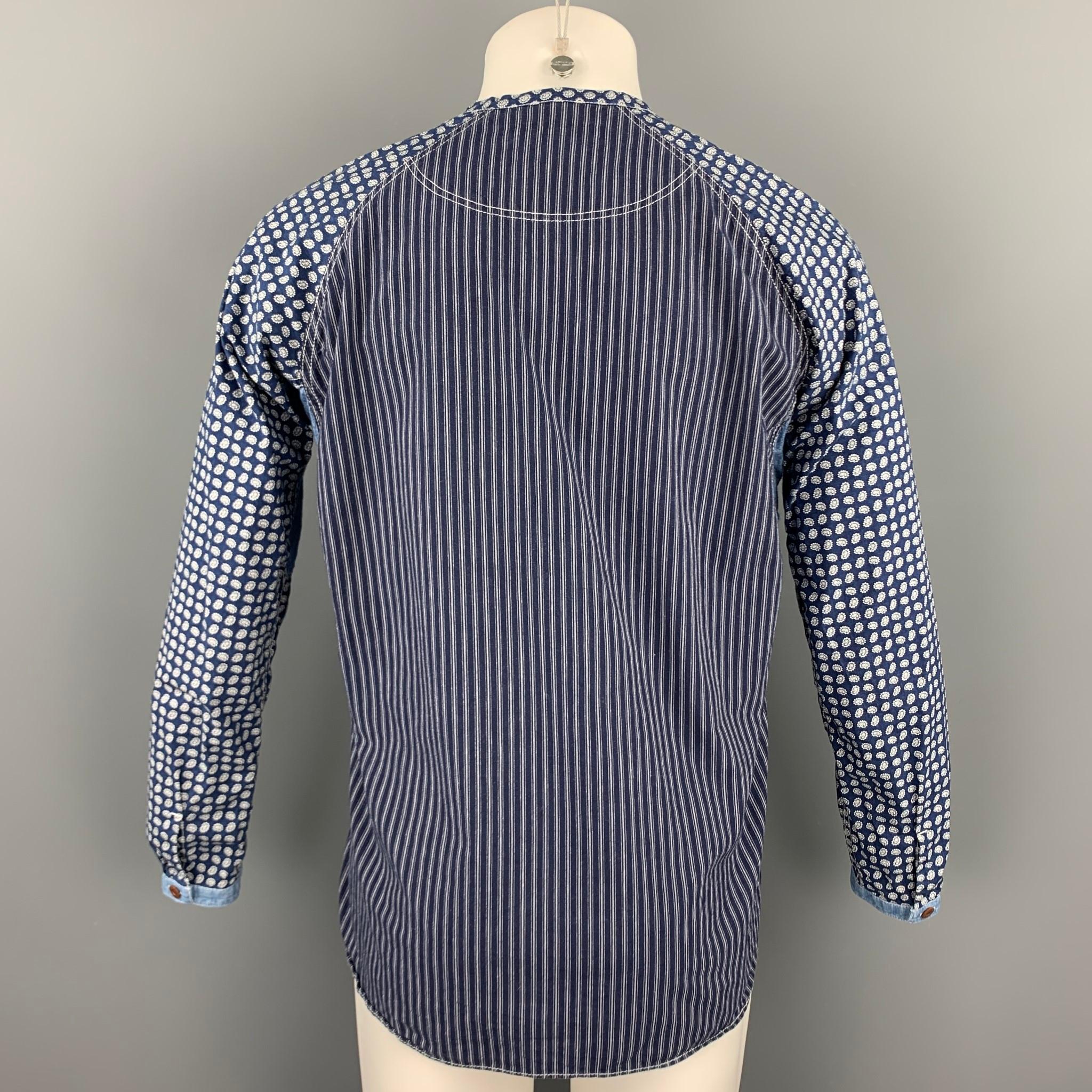 JUNYA WATANABE Size M Indigo Print Cotton Nehru Collar Long Sleeve Shirt In Good Condition In San Francisco, CA