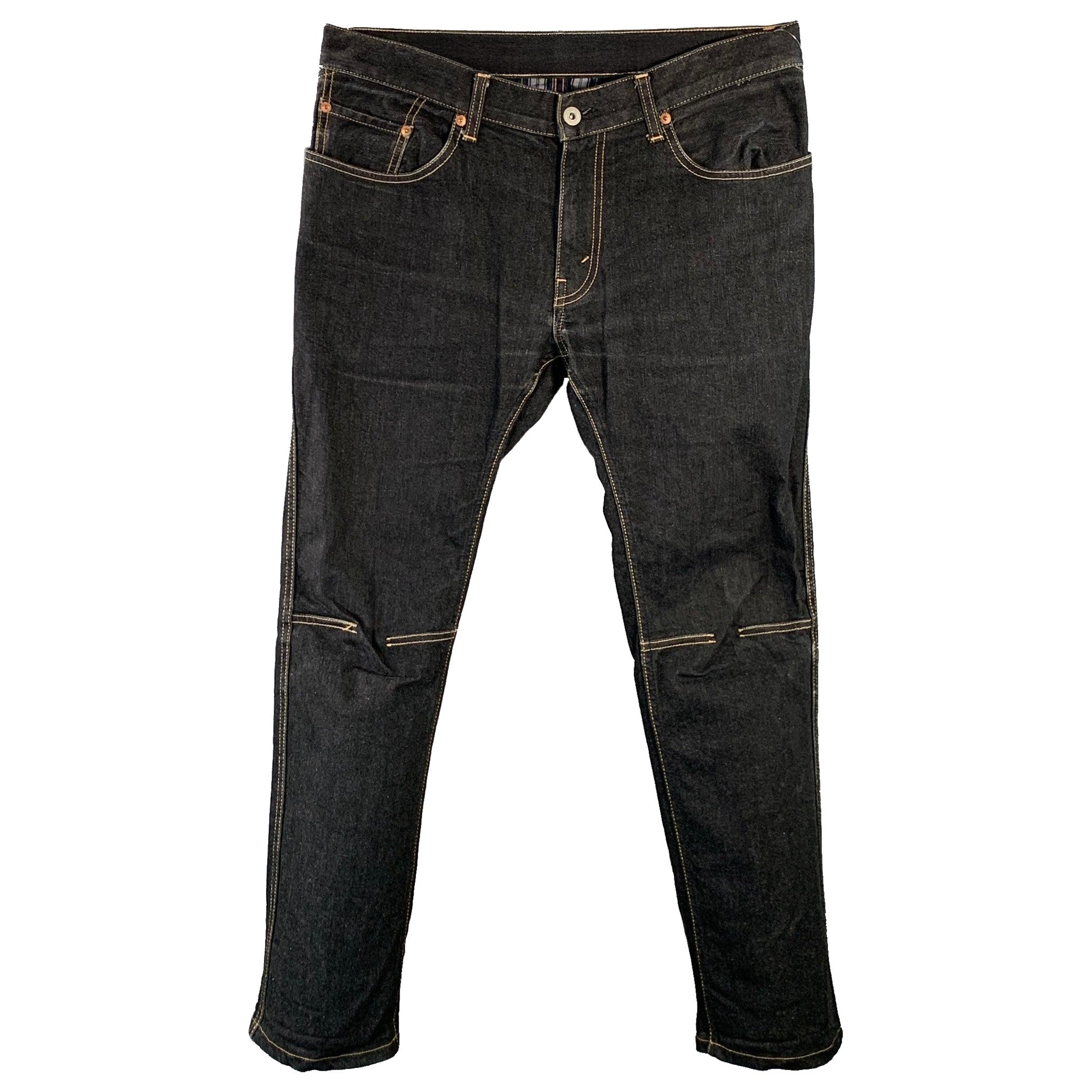 JUNYA WATANABE Size M Indigo Yellow Twill Cotton Blend Contrast Stitch Straight Jeans For Sale