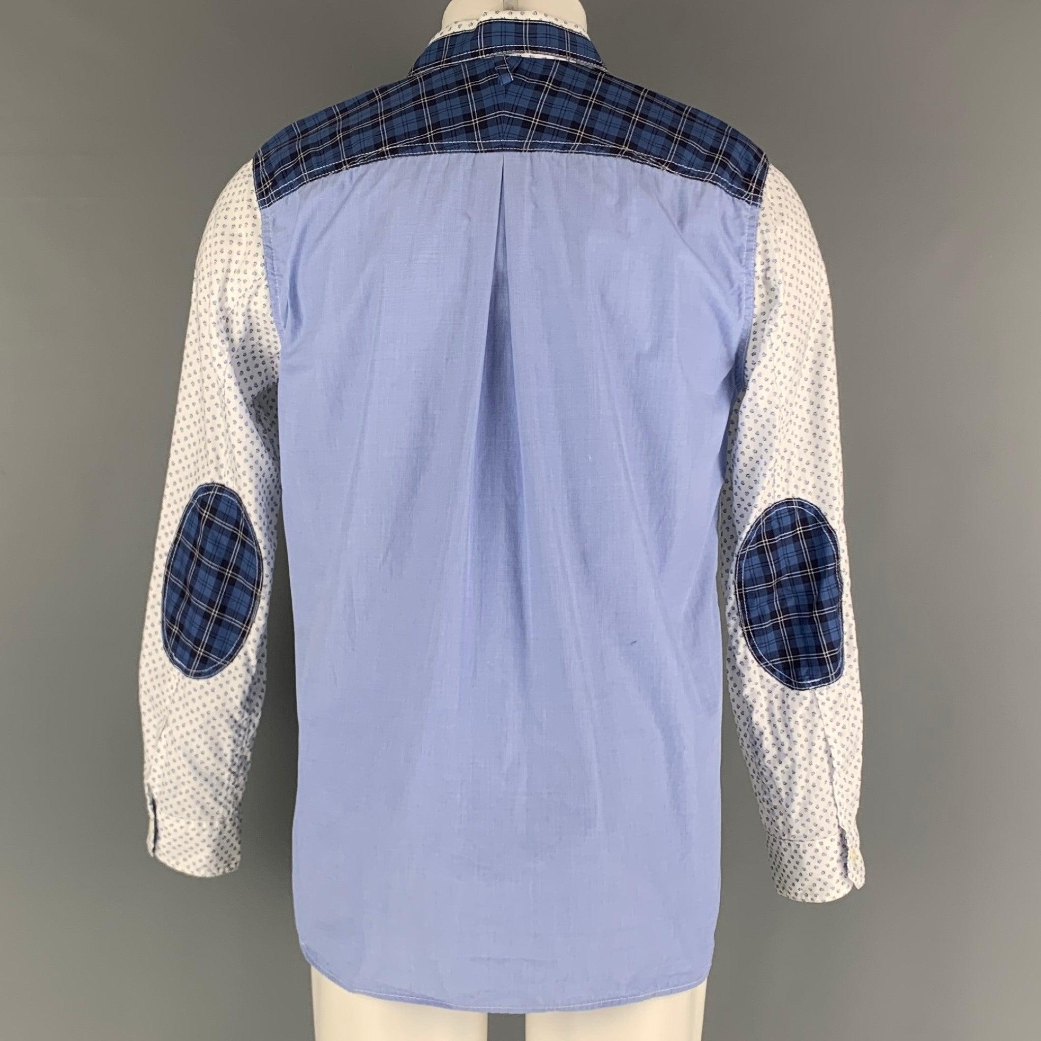 JUNYA WATANABE Size M White Blue Print Cotton Open Collar Long Sleeve Shirt In Good Condition For Sale In San Francisco, CA