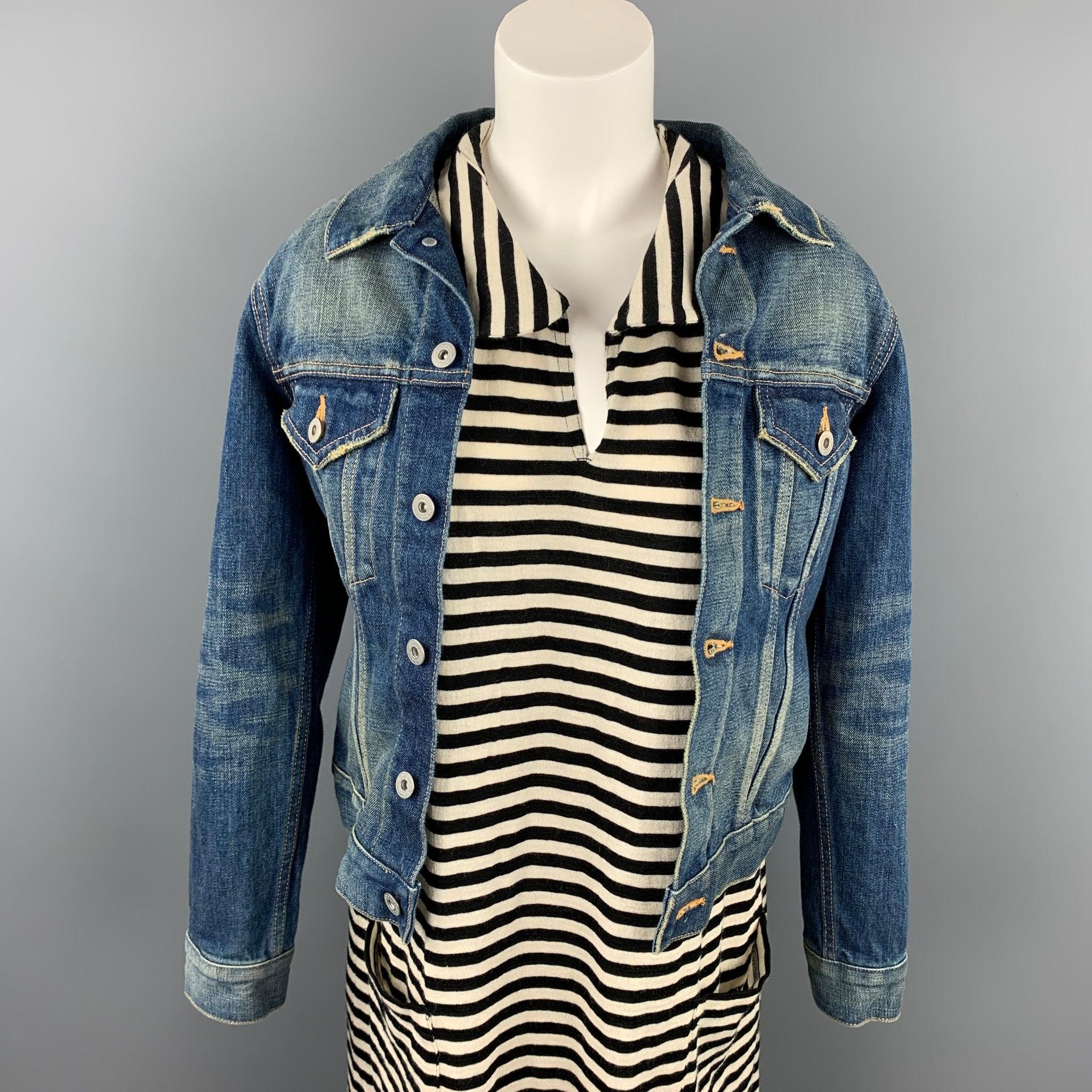 JUNYA WATANABE dress comes in w black & white stripe wool featuring a stitched layered denim jacket design, front pockets, and a spread collar. Made in Japan.Very Good
Pre-Owned Condition. 

Marked:   S / AD2015 

Measurements: 
 
Shoulder: 16