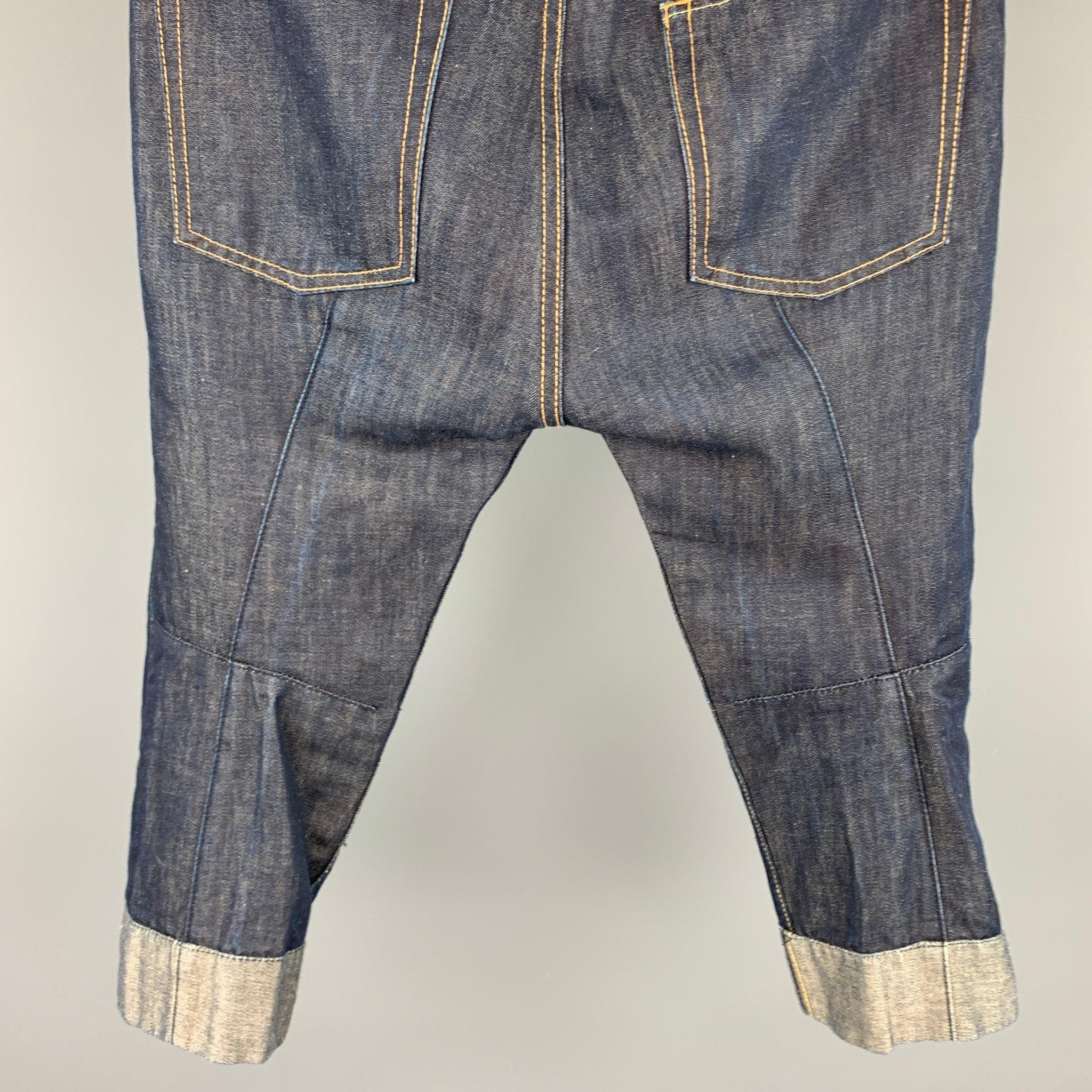 JUNYA WATANABE Size XS Indigo Contrast Stitch Cotton / Linen Cropped Jeans In Good Condition For Sale In San Francisco, CA
