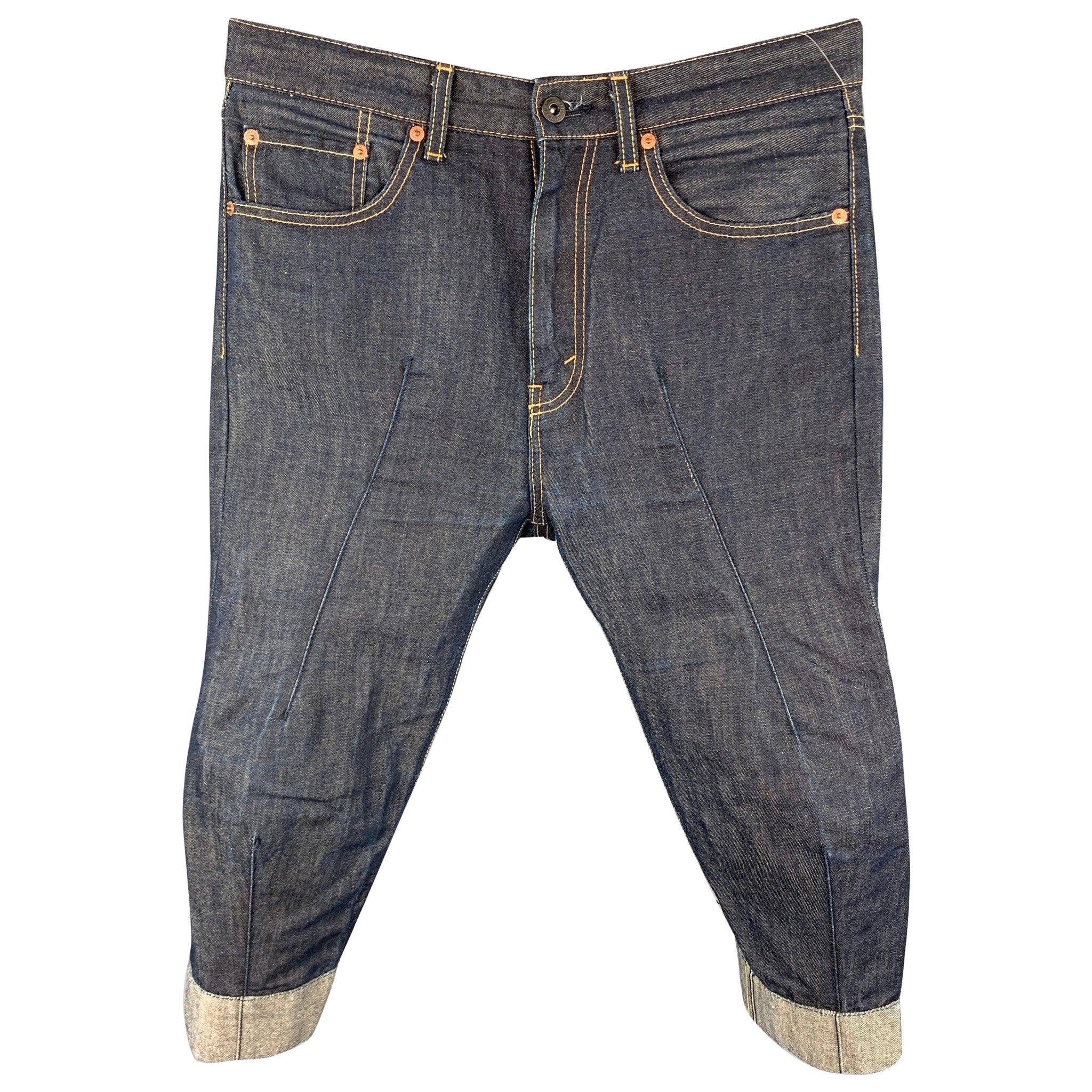 JUNYA WATANABE Talla XS Vaqueros recortados de algodón y lino con pespuntes en contraste en color índigo