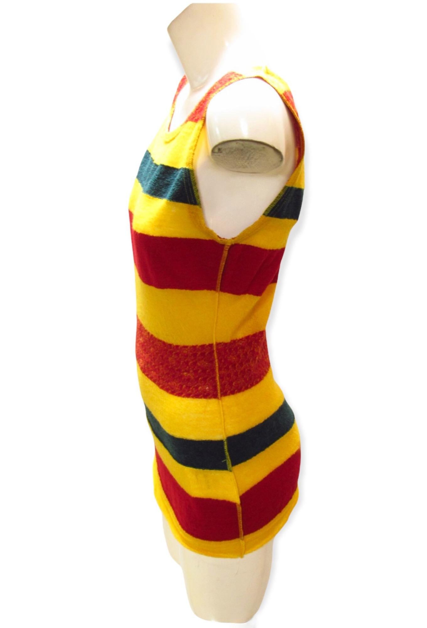 One love! This long wool tank top with exposed seams, from vintage Junya Watanabe, playfully celebrates the colors of the Rastafarian flag. 