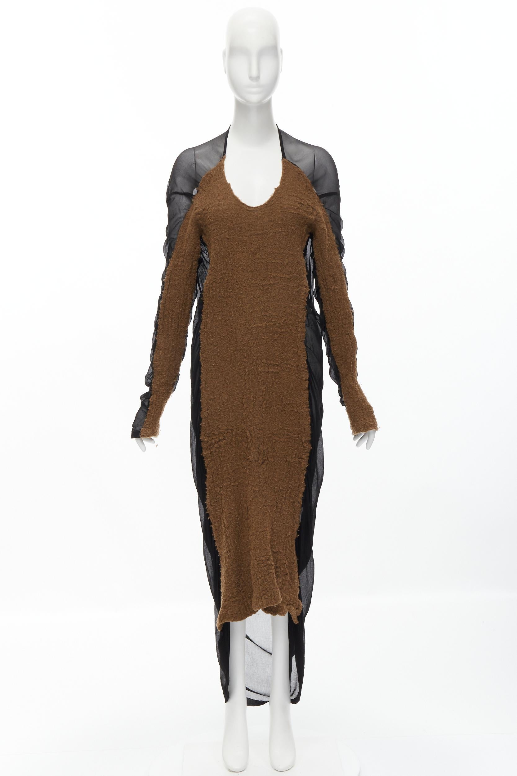 JUNYA WATANABE Vintage 1994 brown boiled wool front black sheer dress S 4