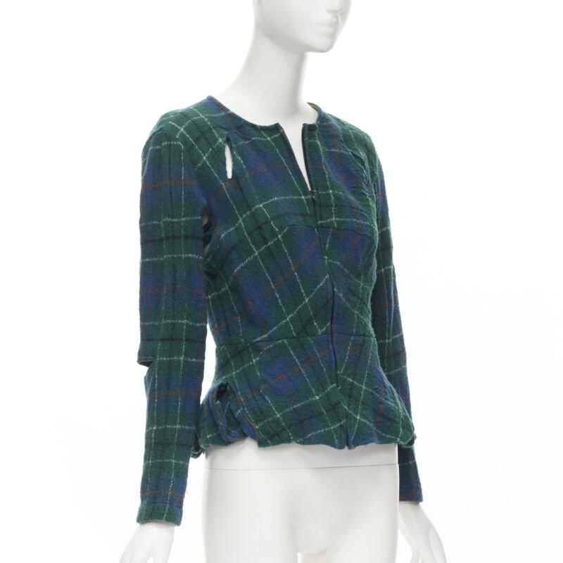 JUNYA WATANABE Vintage 1995 green punk plaid boiled wool slash cut out jacket S In Excellent Condition In Hong Kong, NT