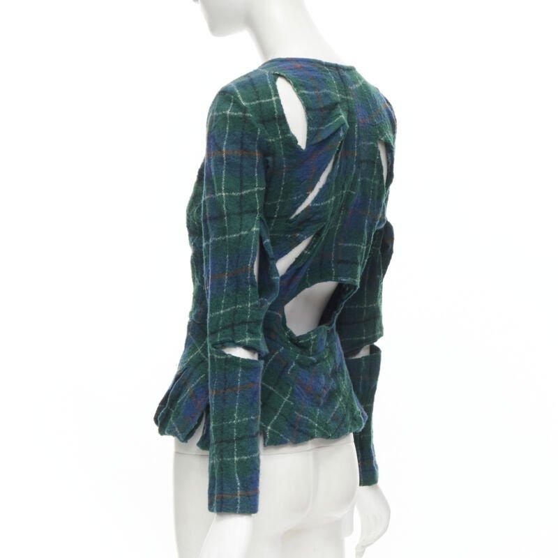 JUNYA WATANABE Vintage 1995 green punk plaid boiled wool slash cut out jacket S 1