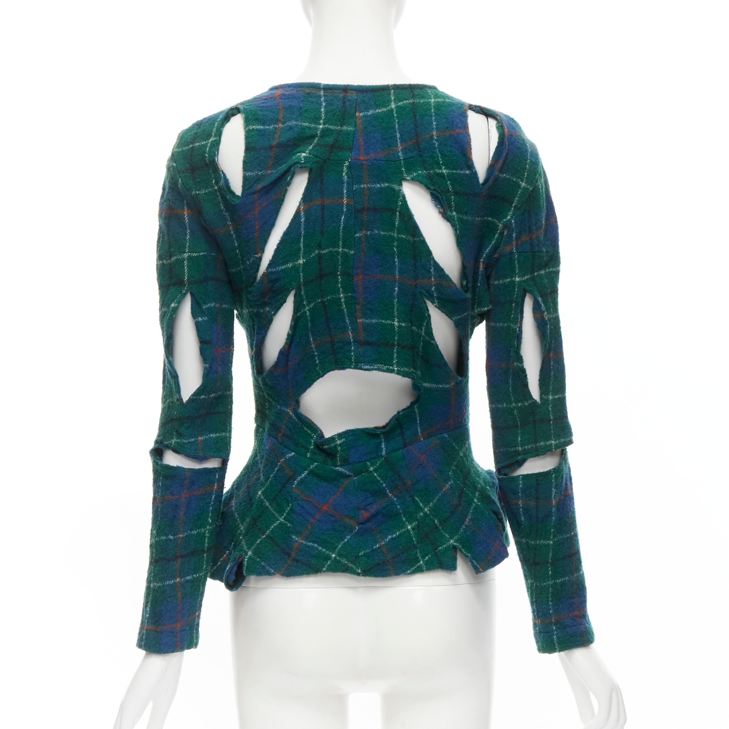 JUNYA WATANABE Vintage 1995 green punk plaid boiled wool slash cut out jacket S In Excellent Condition For Sale In Hong Kong, NT