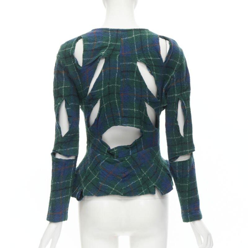 JUNYA WATANABE Vintage 1995 green punk plaid boiled wool slash cut out jacket S 2