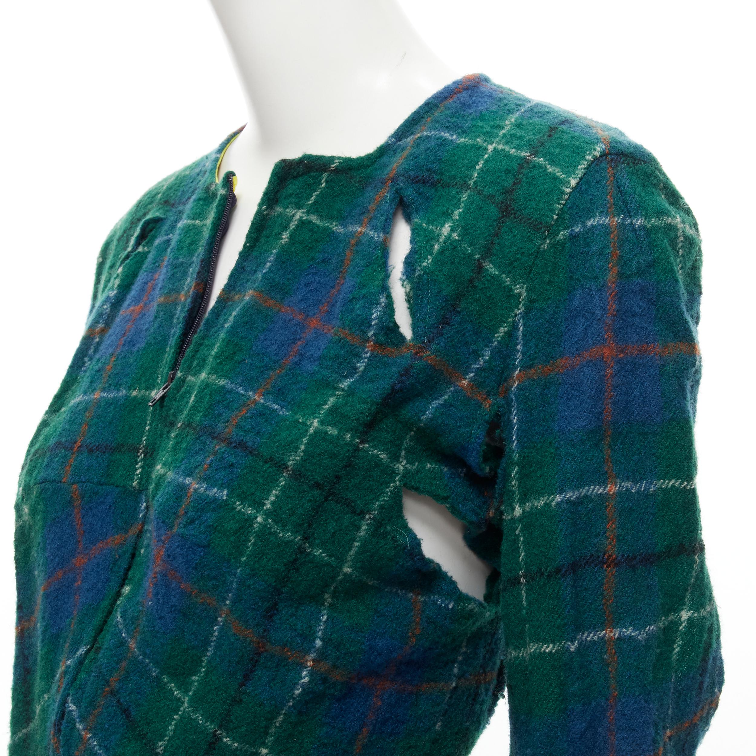Women's JUNYA WATANABE Vintage 1995 green punk plaid boiled wool slash cut out jacket S For Sale