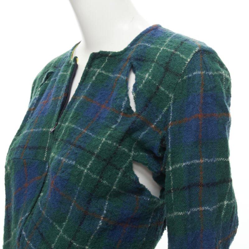 JUNYA WATANABE Vintage 1995 green punk plaid boiled wool slash cut out jacket S 3