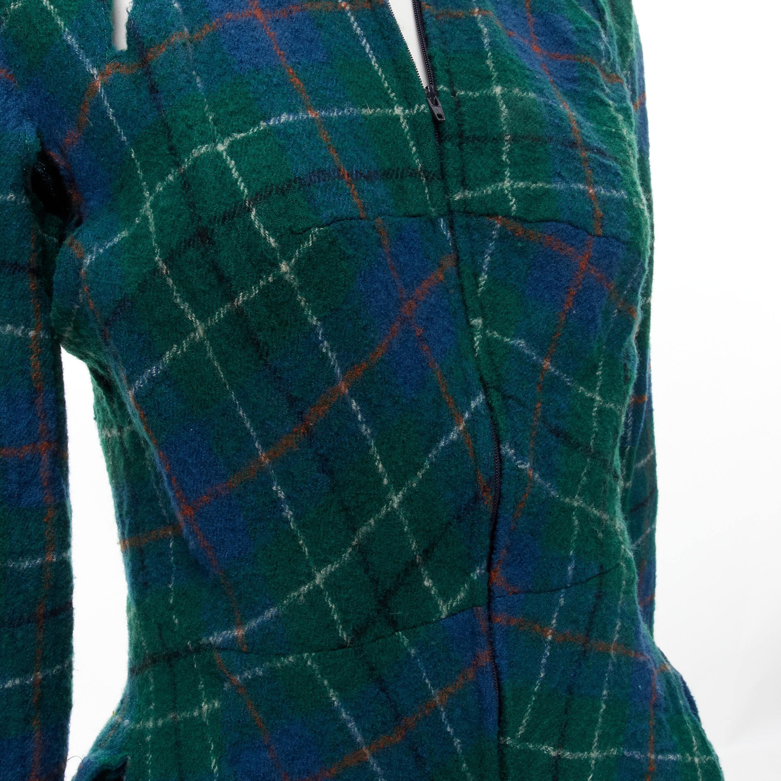 JUNYA WATANABE Vintage 1995 green punk plaid boiled wool slash cut out jacket S For Sale 1
