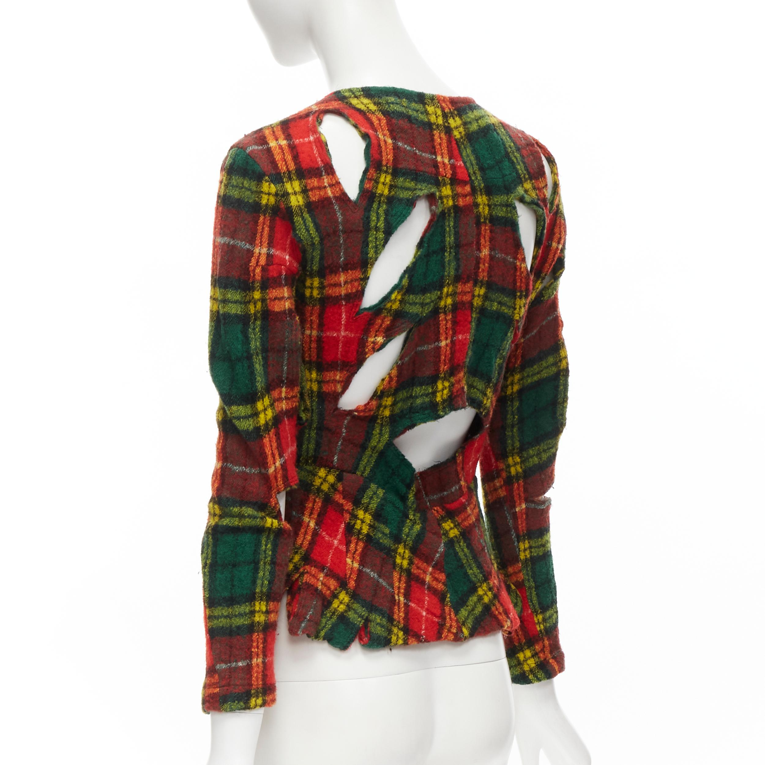 JUNYA WATANABE Vintage 1995 red punk plaid boiled wool slash cut out jacket S In Excellent Condition For Sale In Hong Kong, NT