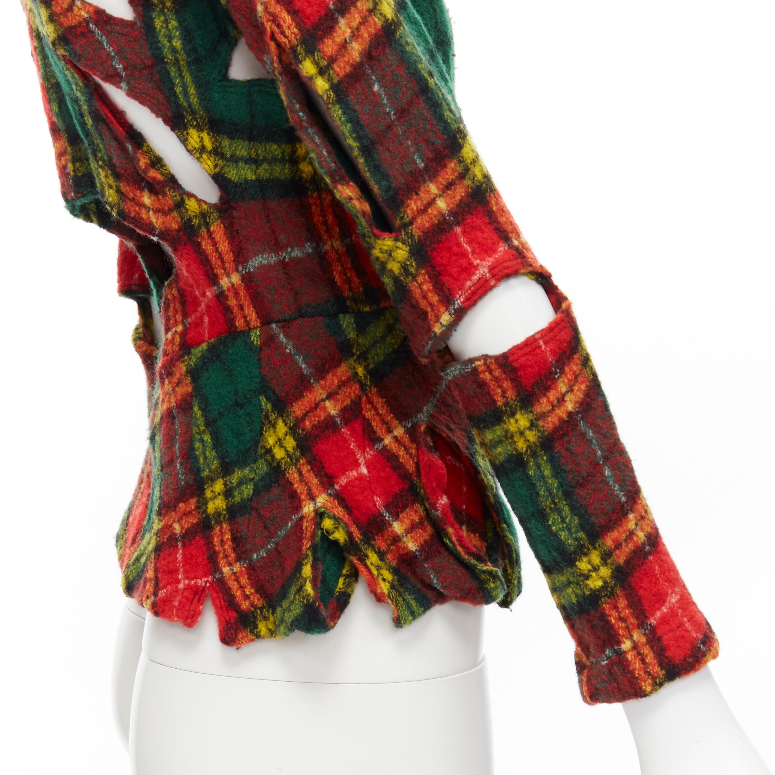 Women's JUNYA WATANABE Vintage 1995 red punk plaid boiled wool slash cut out jacket S For Sale