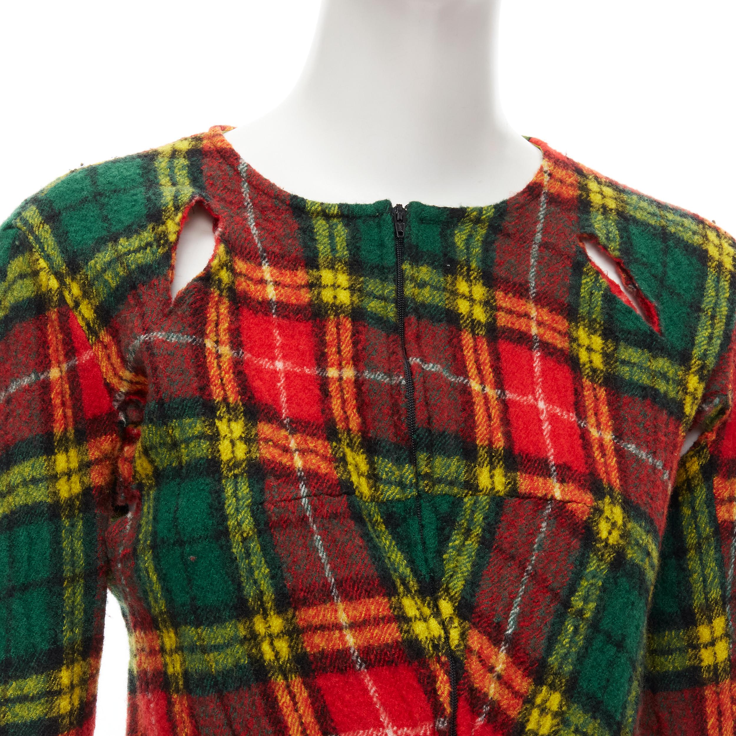 JUNYA WATANABE Vintage 1995 red punk plaid boiled wool slash cut out jacket S For Sale 1