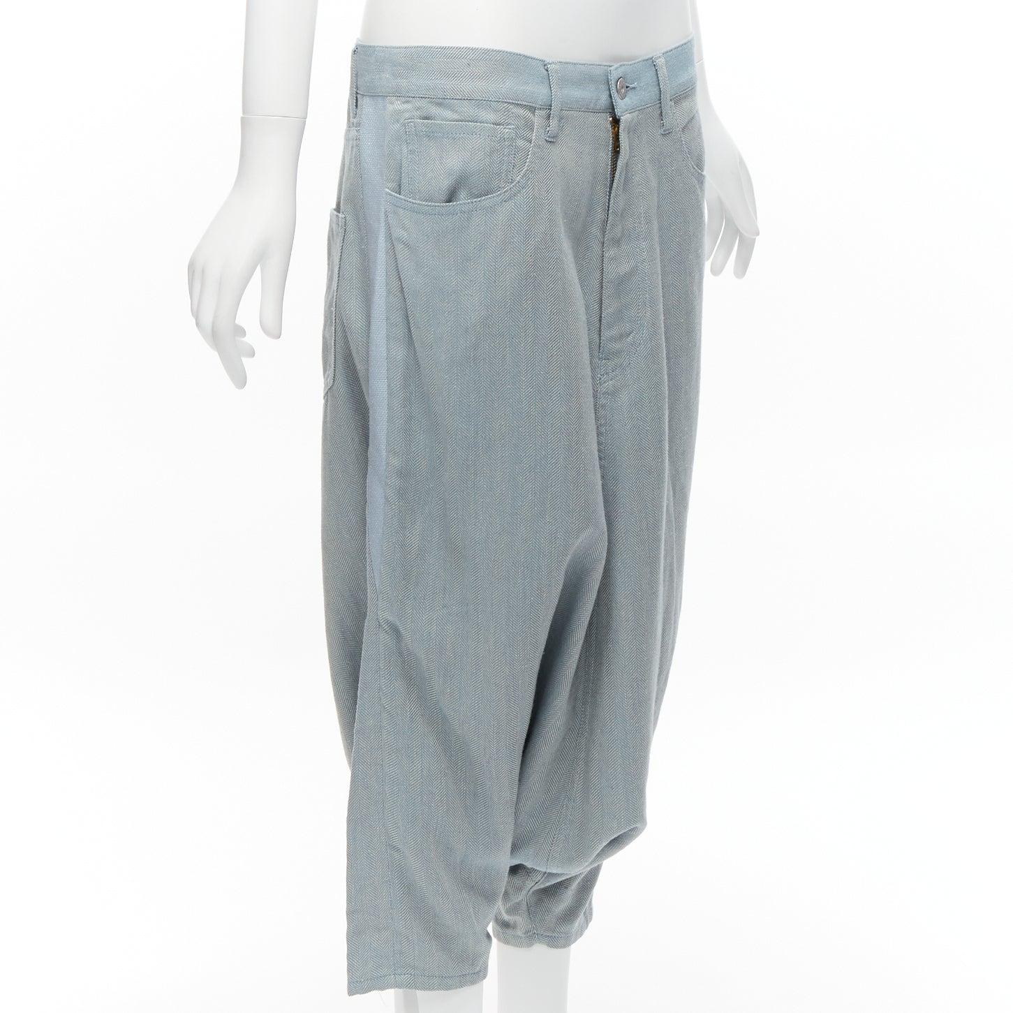 JUNYA WATANABE washed blue chevron fabric low waist drop crotch harem pants In Excellent Condition In Hong Kong, NT