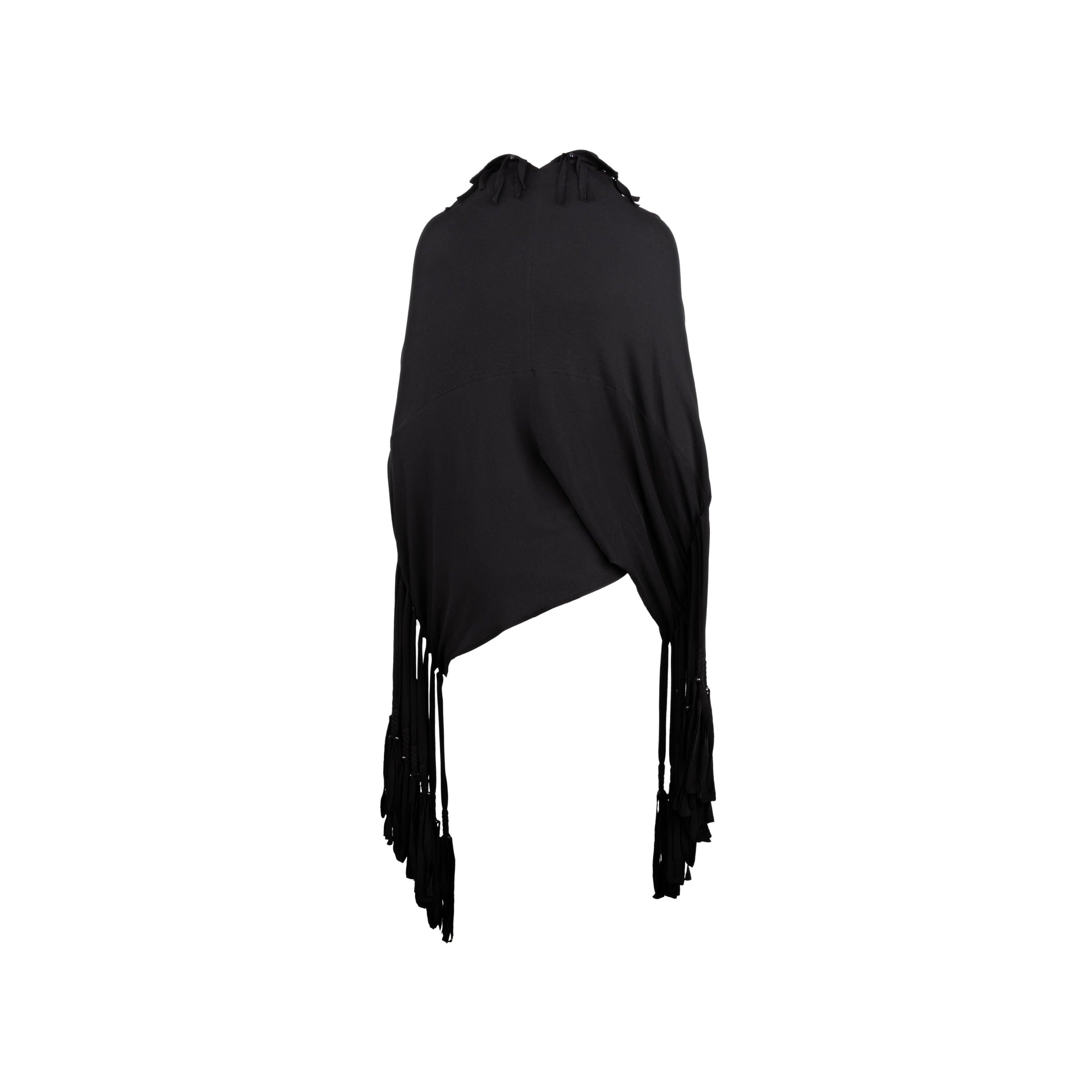 Junya Watanabe X Comme des Garçons black cotton poncho. Classic design, oversize sleeves, V-neck decorated with braided laces and beads. Front Length:74;Fringe Length:45