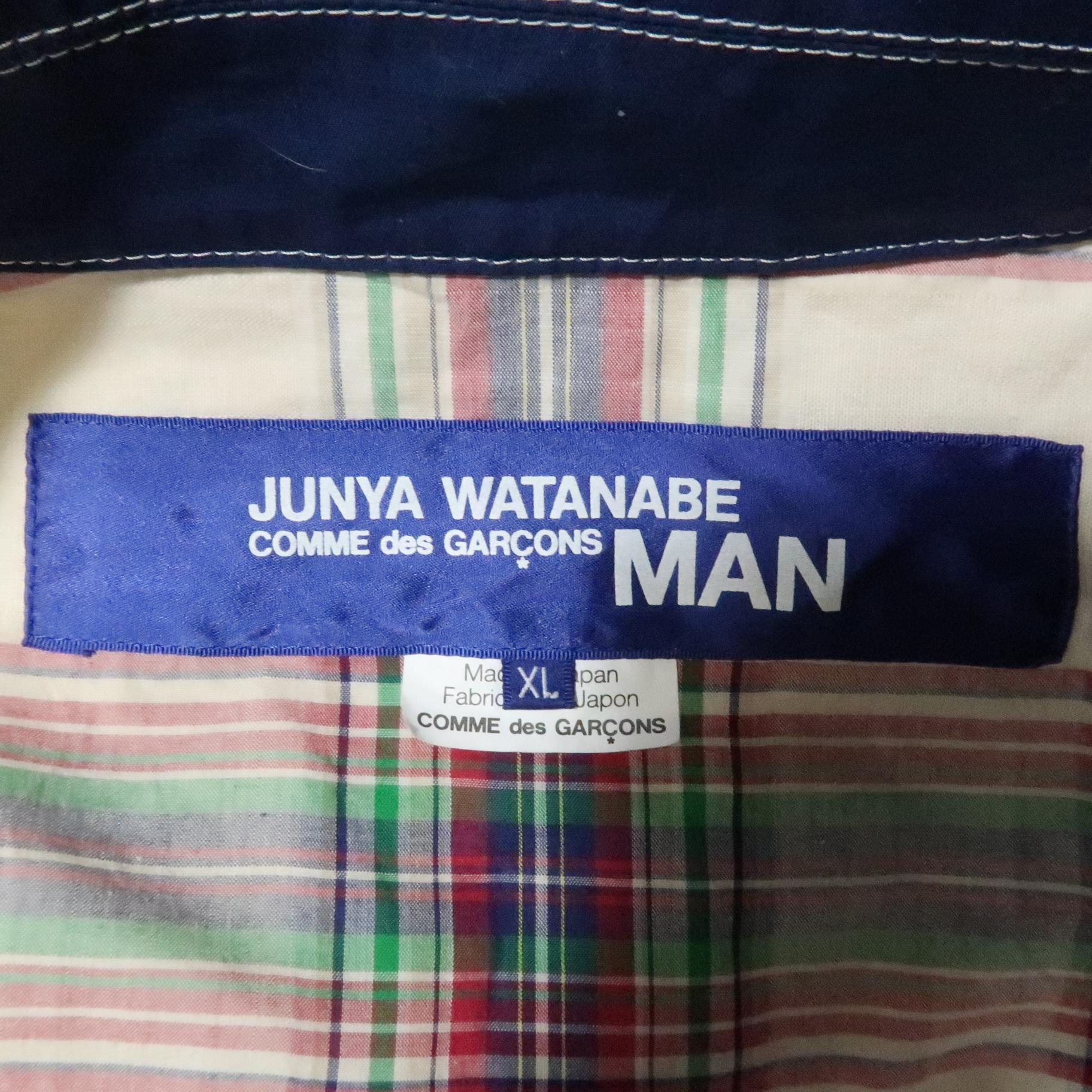 JUNYA WATANABE XL Navy & White Checkered Coated Cotton Detachable Hood Jacket 1