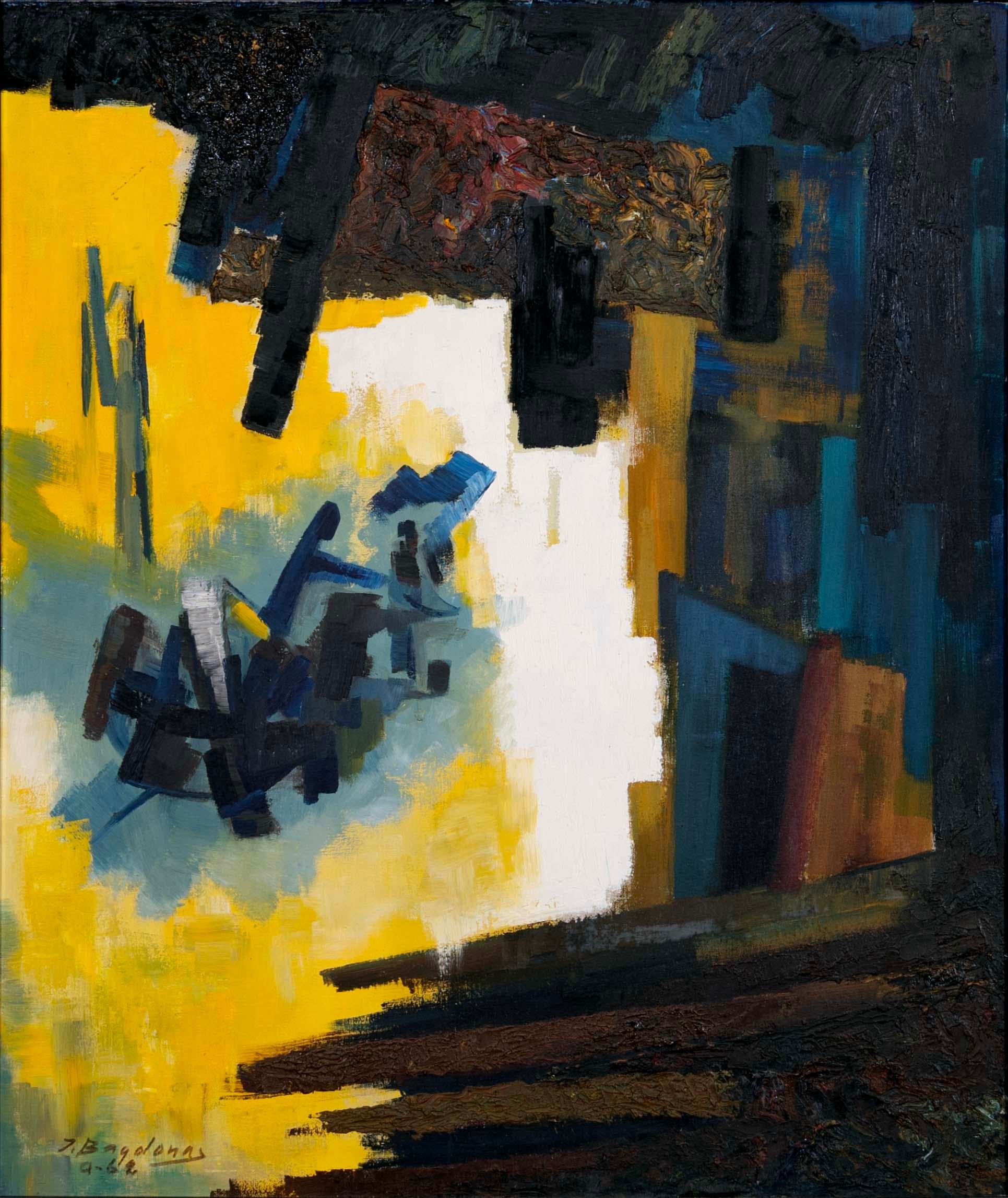 Un moderno dipinto a olio su tela di Juozas Bagdonas (1911-2005), di stampo espressionista astratto. Firmato a mano e datato 1962 in basso a destra. Le pennellate fredde di turchese, verde acqua e blu navy sono accostate a blocchi di colore con