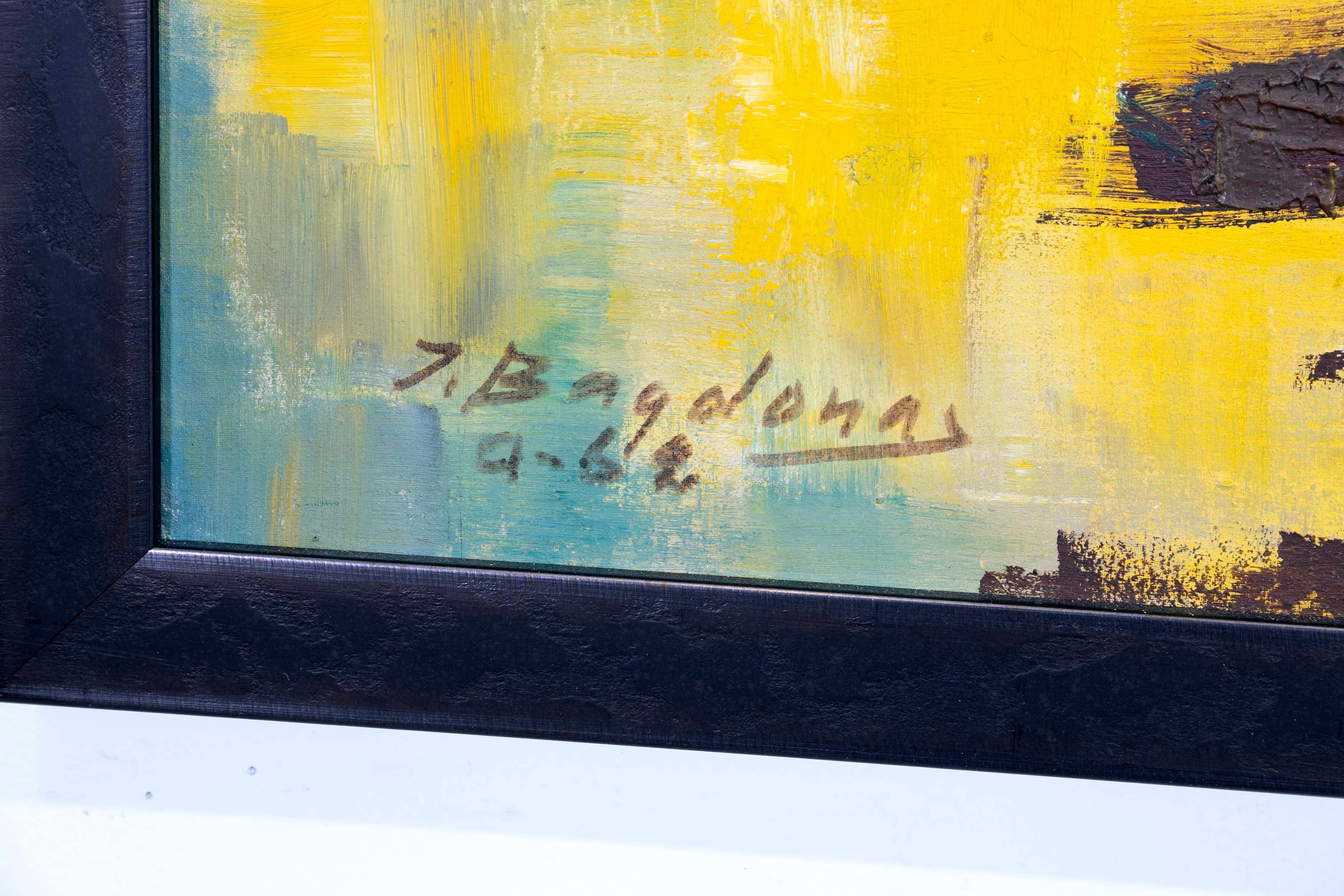 Tela Juozas Bagdonas Firmato Pittura ad olio moderna espressionista astratta su tela 1962 in vendita
